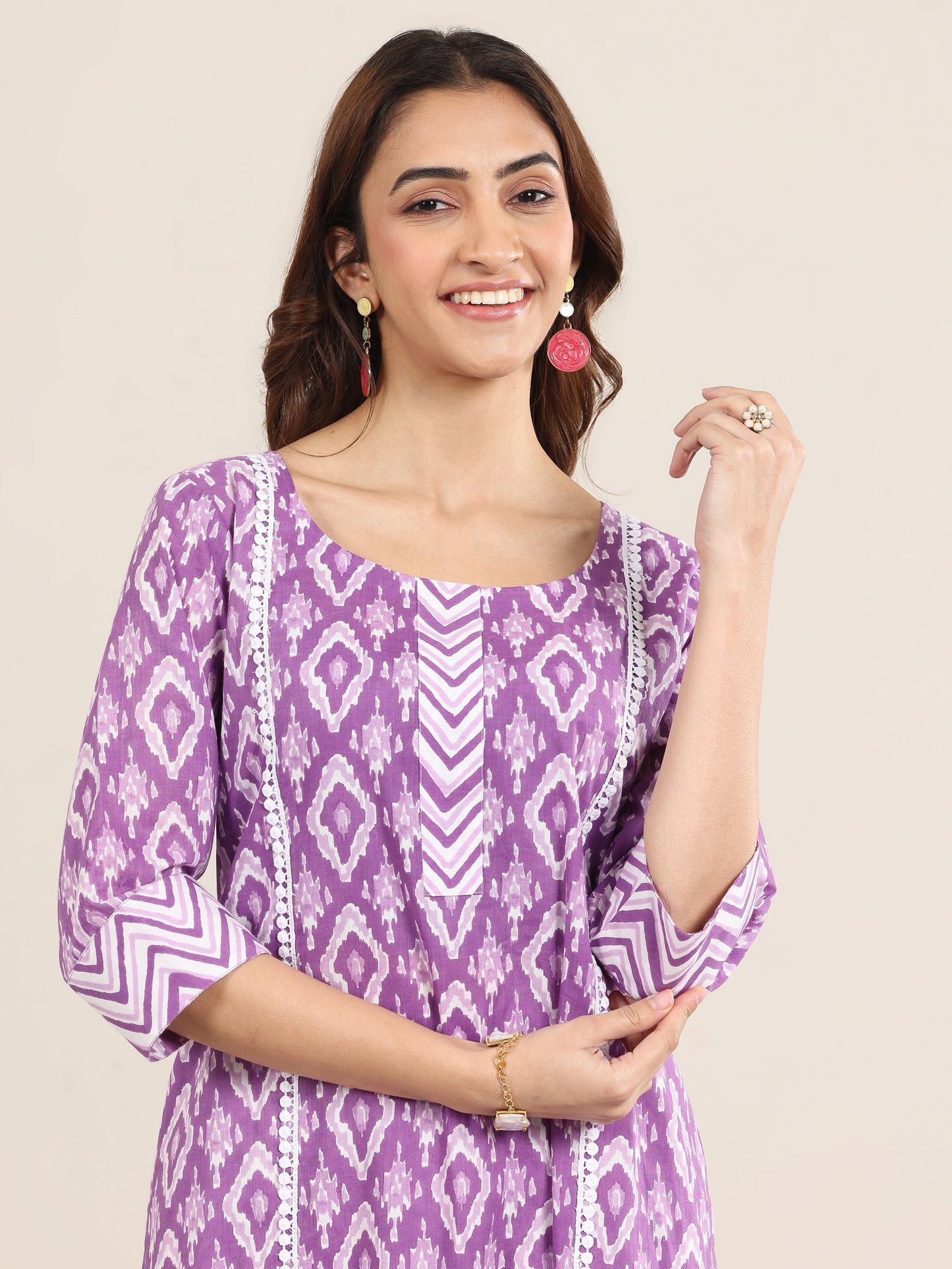 Purple Printed Cotton Straight Suit With Dupatta