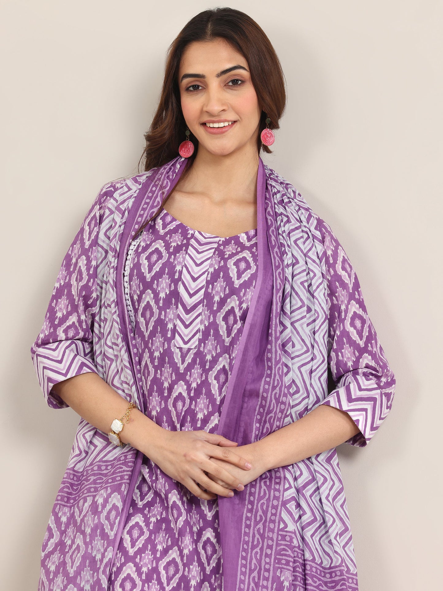 Purple Printed Cotton Straight Suit With Dupatta