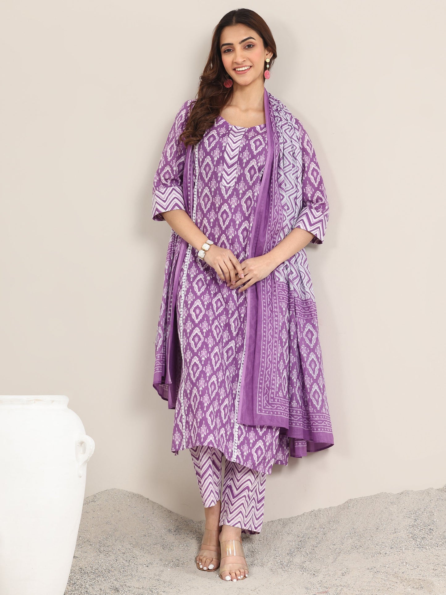 Purple Printed Cotton Straight Suit With Dupatta