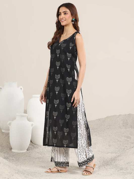 Black Printed Cotton Straight Suit With Dupatta
