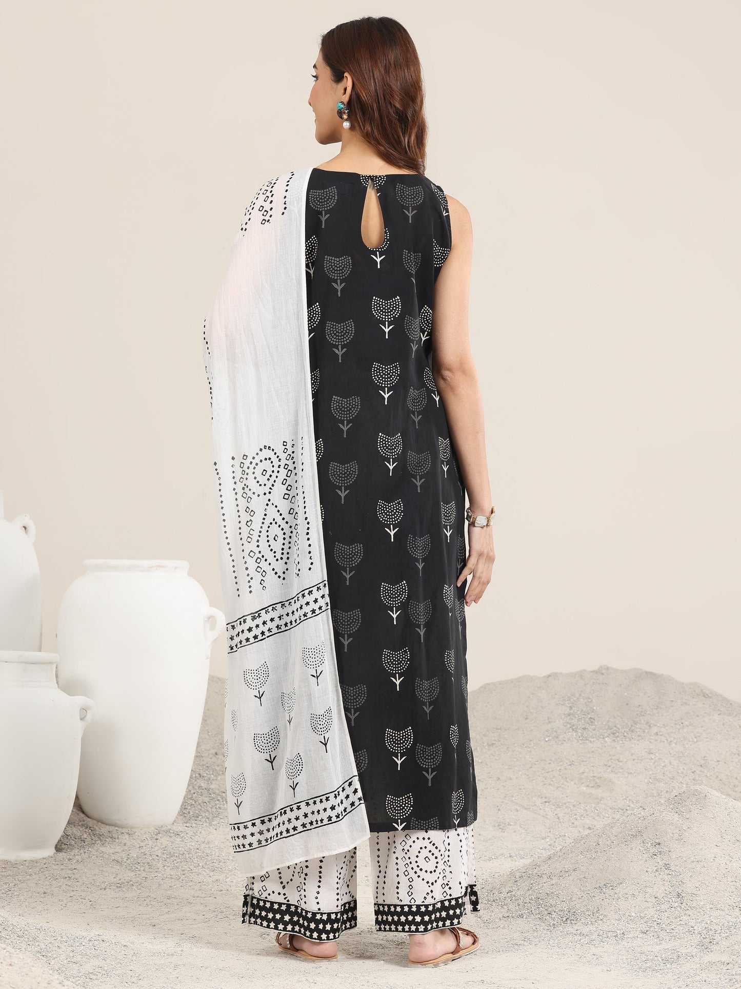 Black Printed Cotton Straight Suit With Dupatta