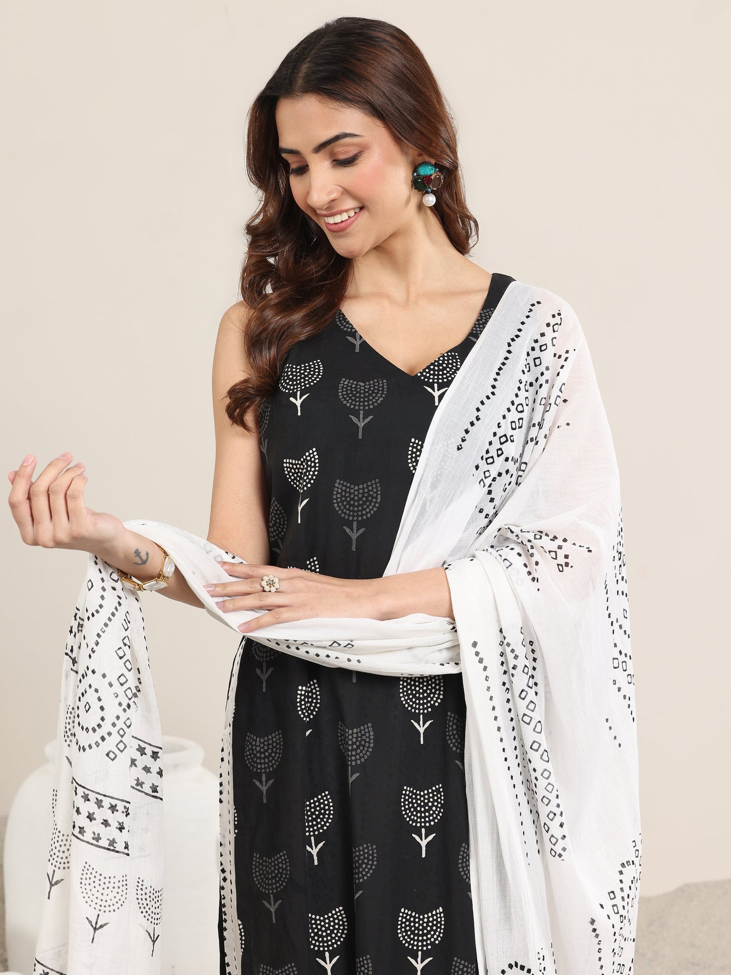 Black Printed Cotton Straight Suit With Dupatta