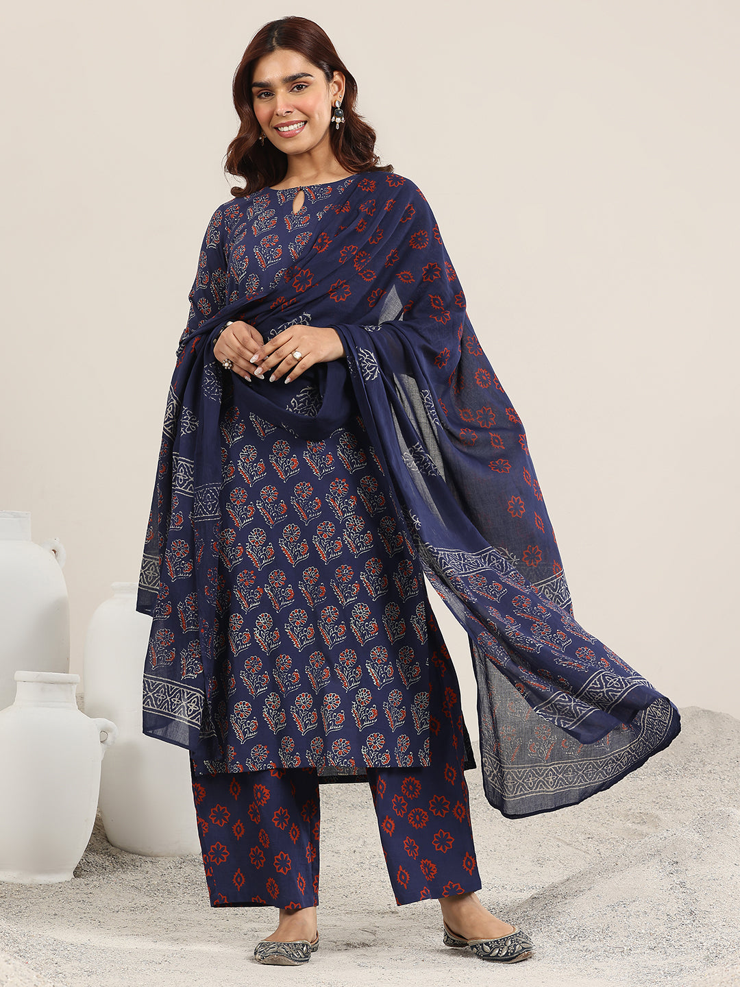 Blue Printed Cotton Straight Suit With Dupatta