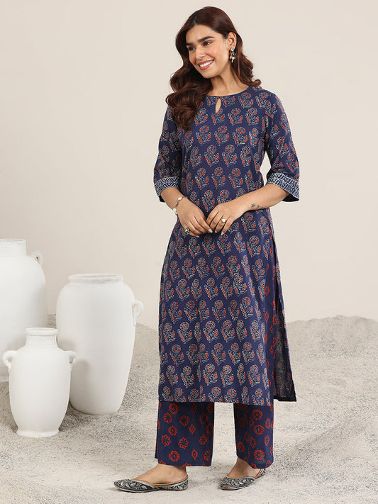Blue Printed Cotton Straight Suit With Dupatta