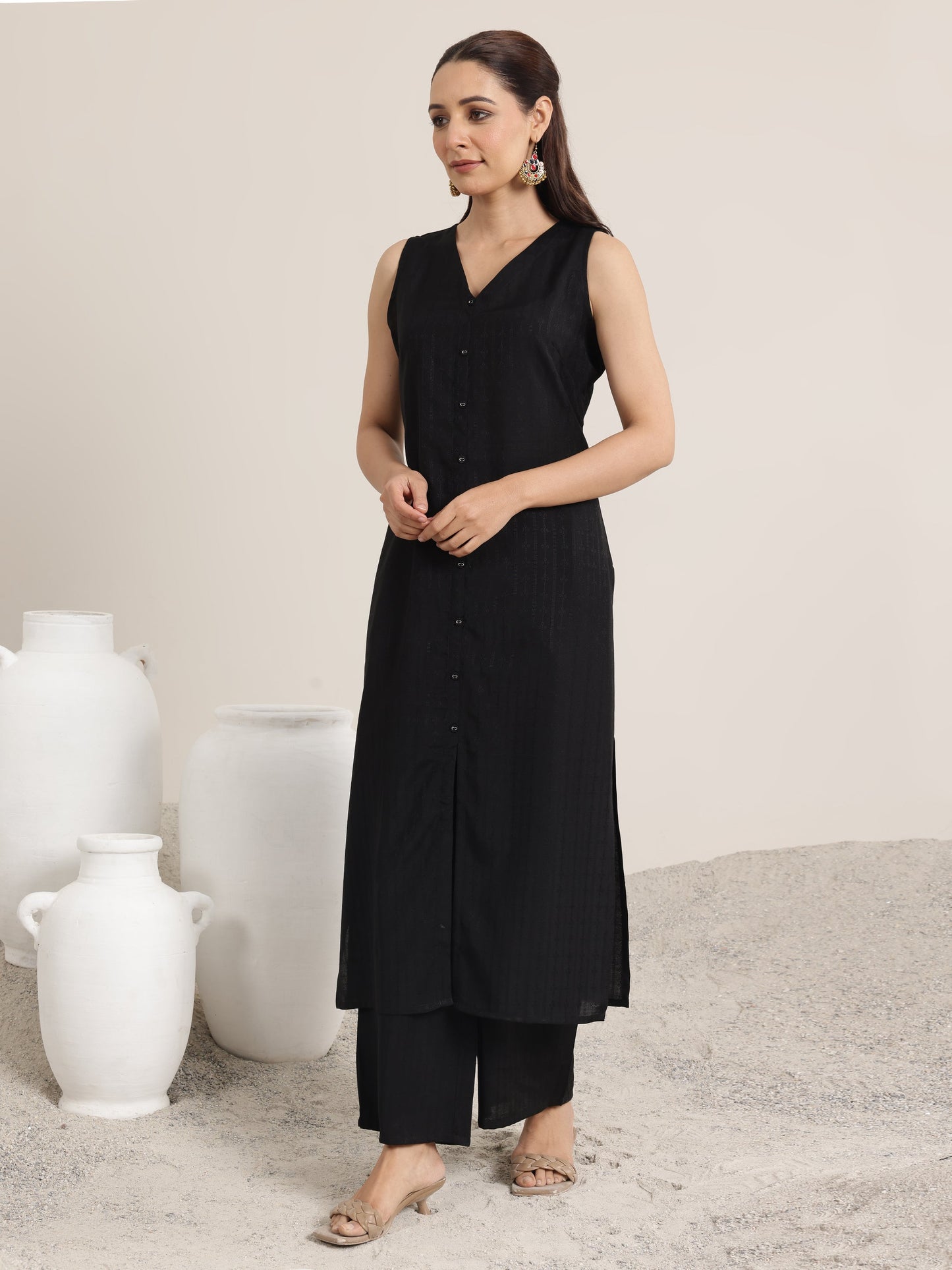 Black Woven Design Silk Blend Straight Suit Set With Dupatta