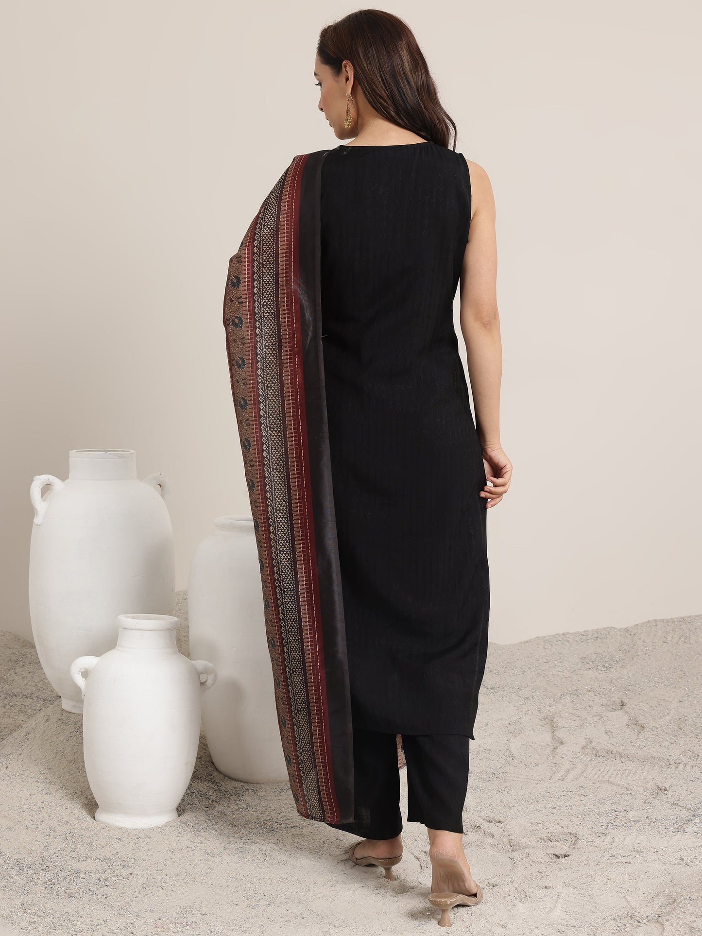 Black Woven Design Silk Blend Straight Suit Set With Dupatta