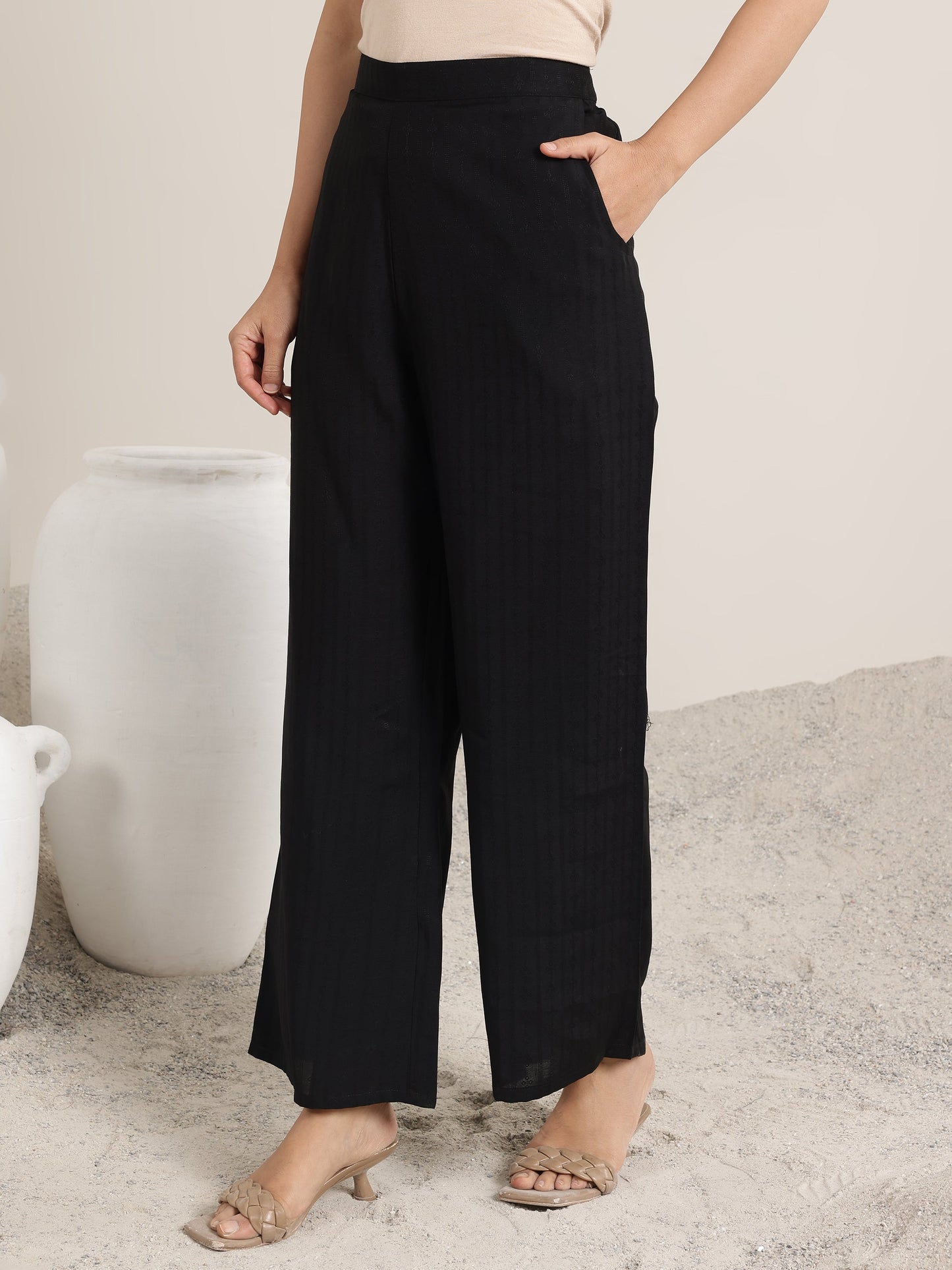 Black Woven Design Silk Blend Straight Suit Set With Dupatta