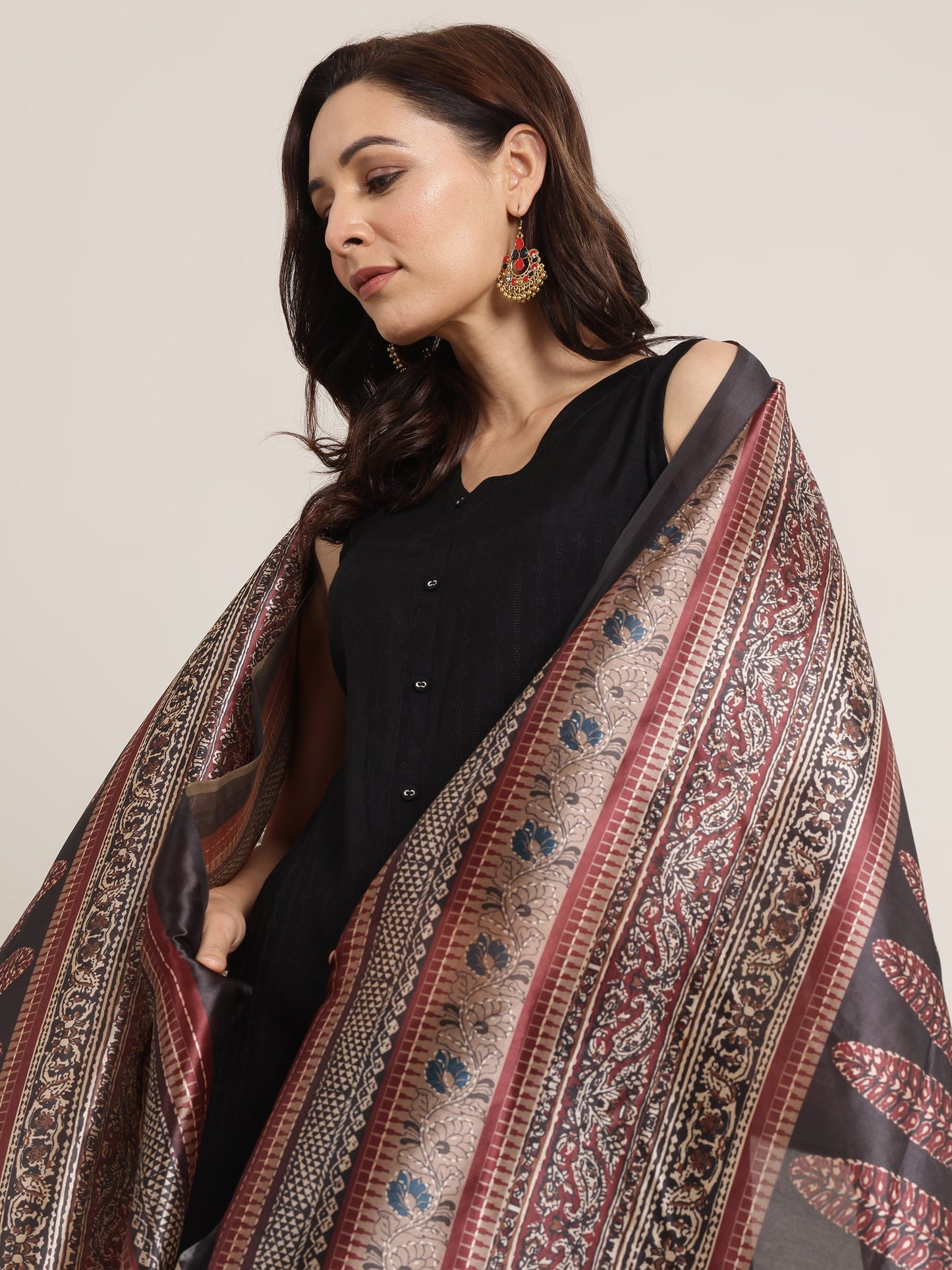 Black Woven Design Silk Blend Straight Suit Set With Dupatta