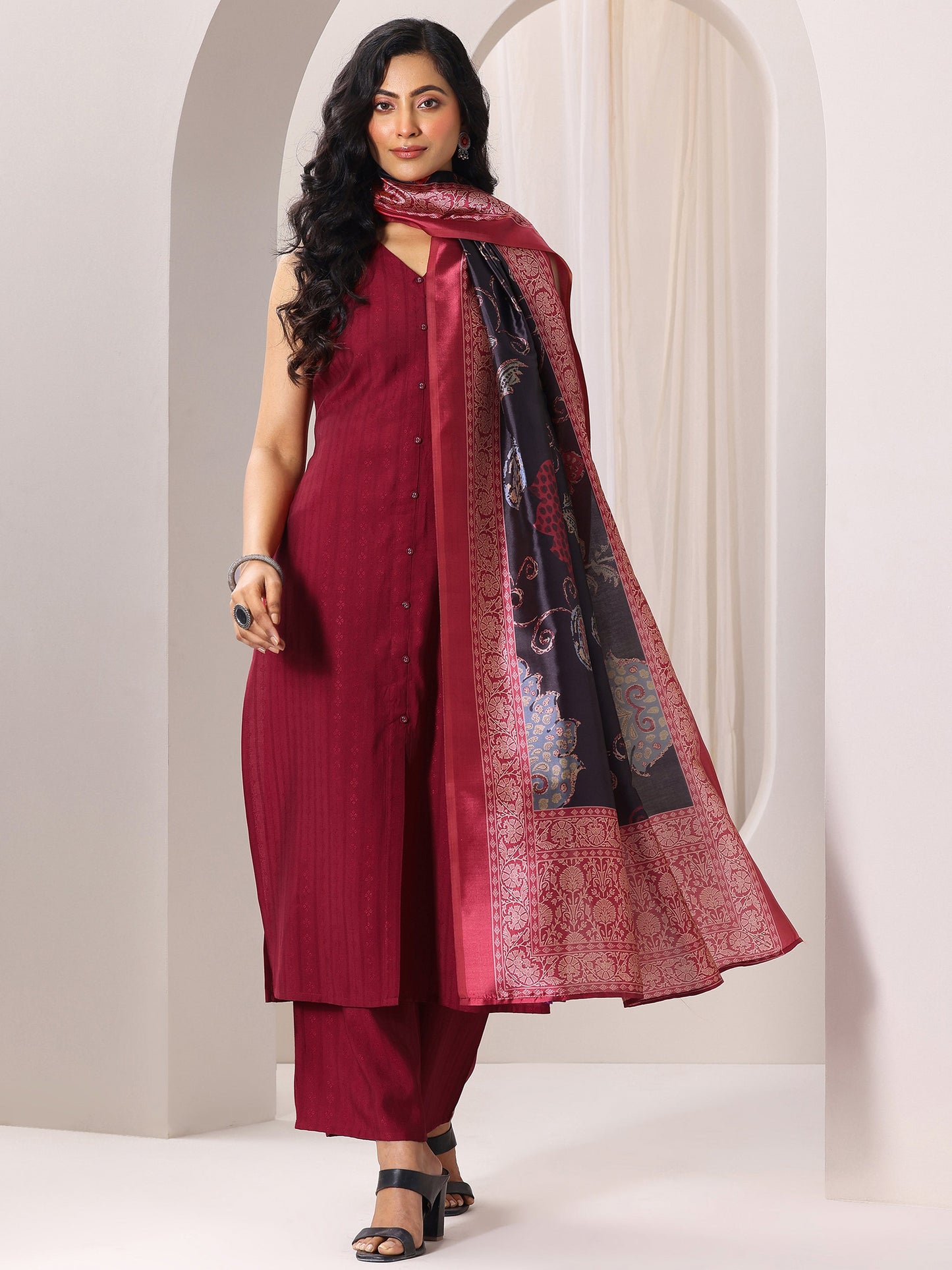 Maroon Woven Design Silk Blend Straight Suit Set With Dupatta
