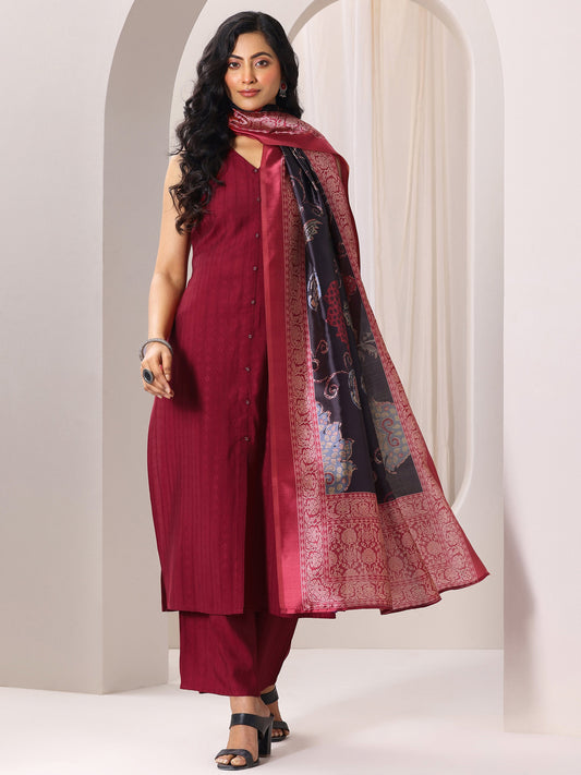 Maroon Woven Design Silk Blend Straight Suit Set With Dupatta