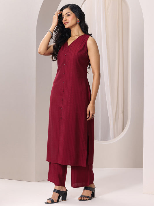 Maroon Woven Design Silk Blend Straight Suit Set With Dupatta