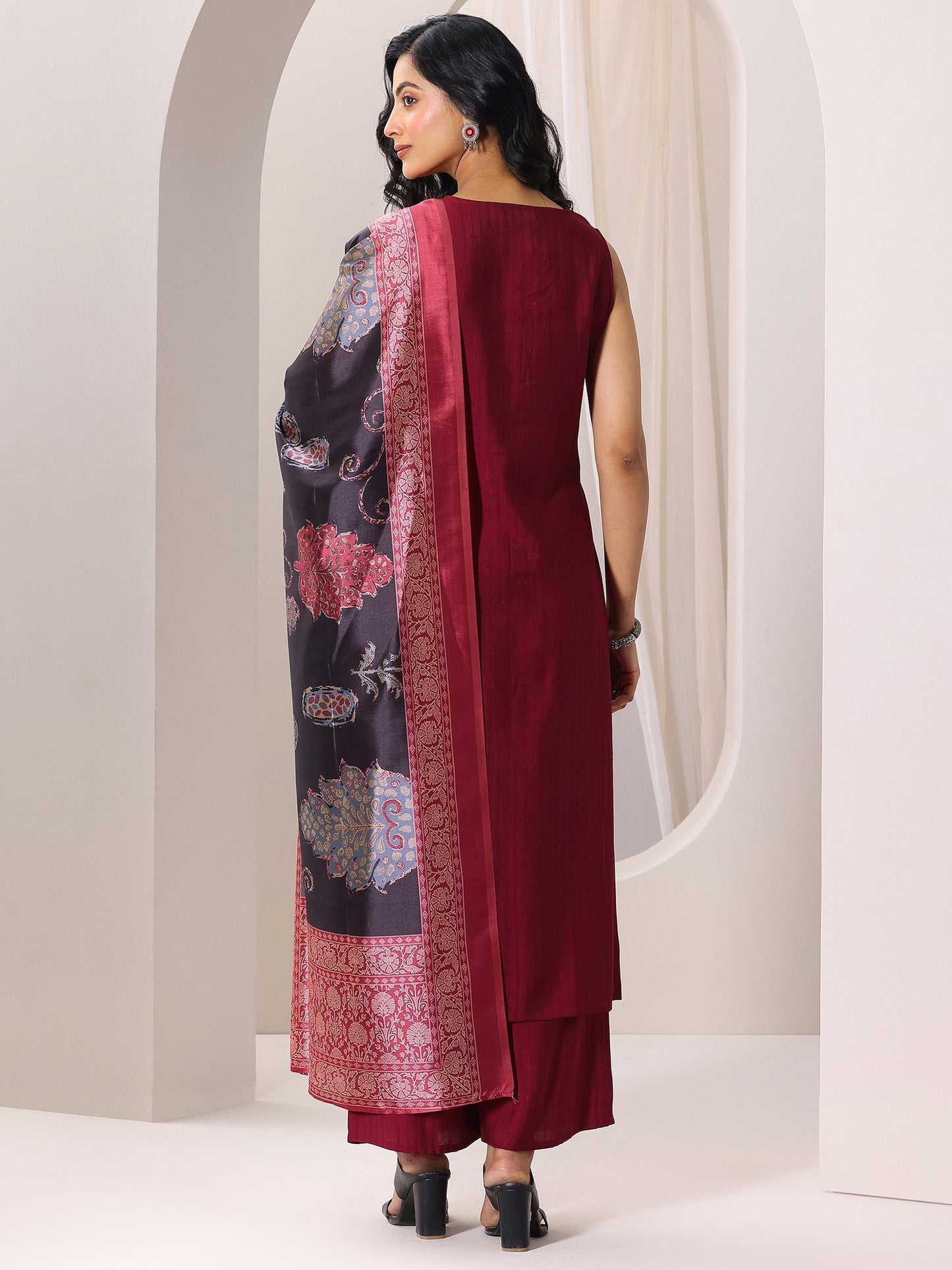 Maroon Woven Design Silk Blend Straight Suit Set With Dupatta