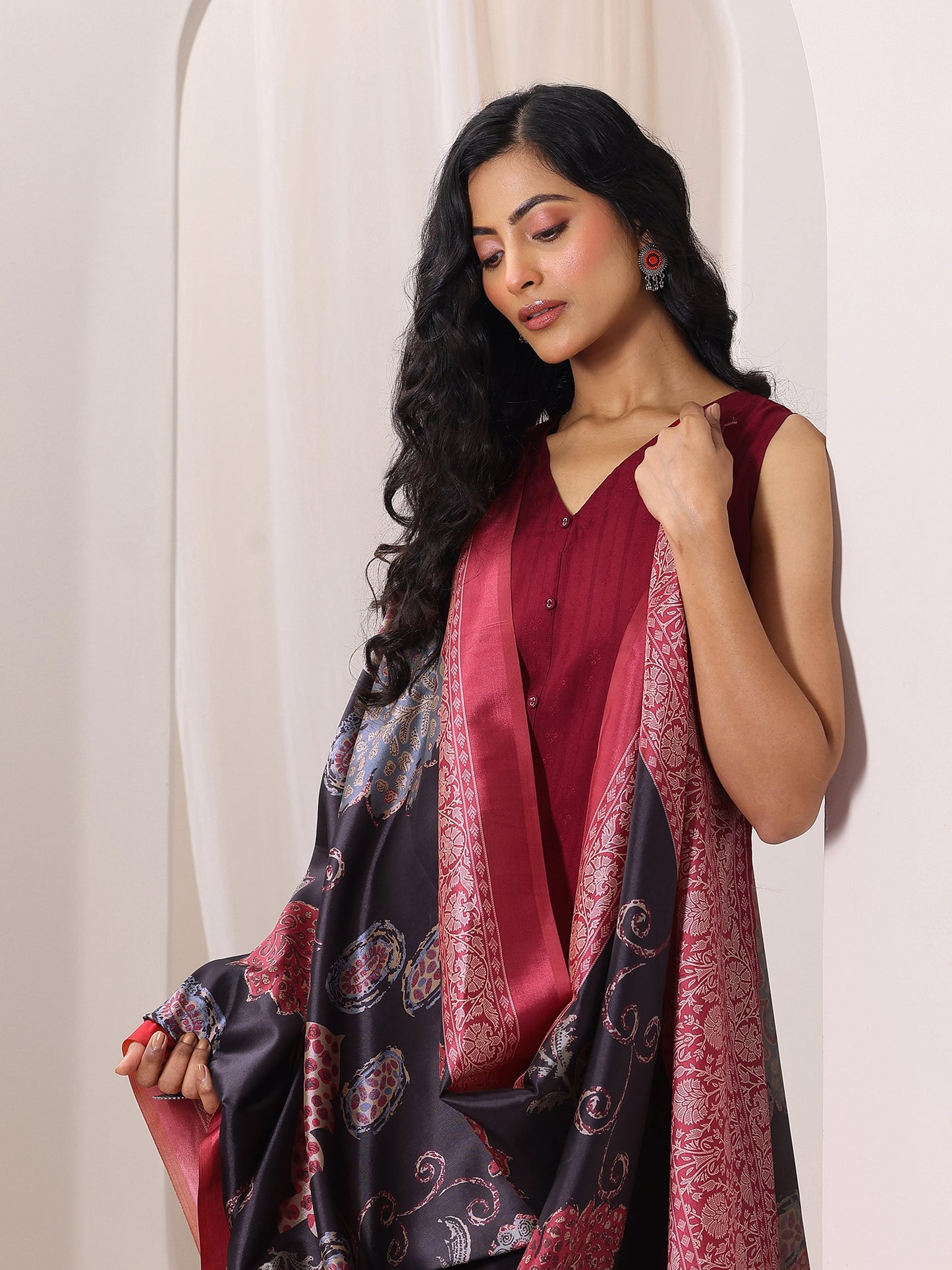 Maroon Woven Design Silk Blend Straight Suit Set With Dupatta