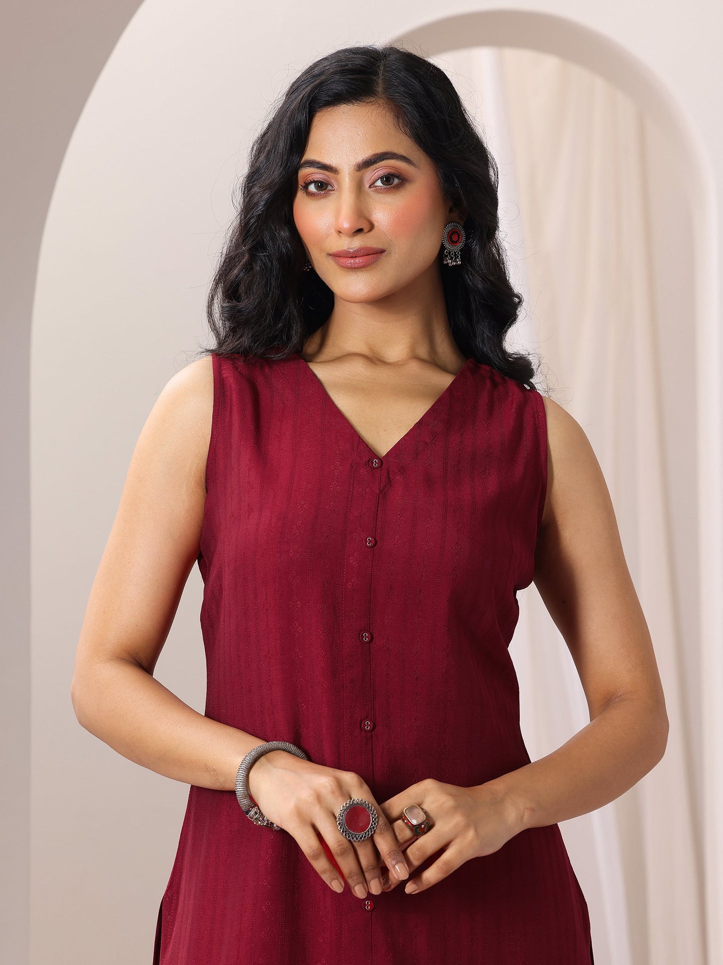 Maroon Woven Design Silk Blend Straight Suit Set With Dupatta