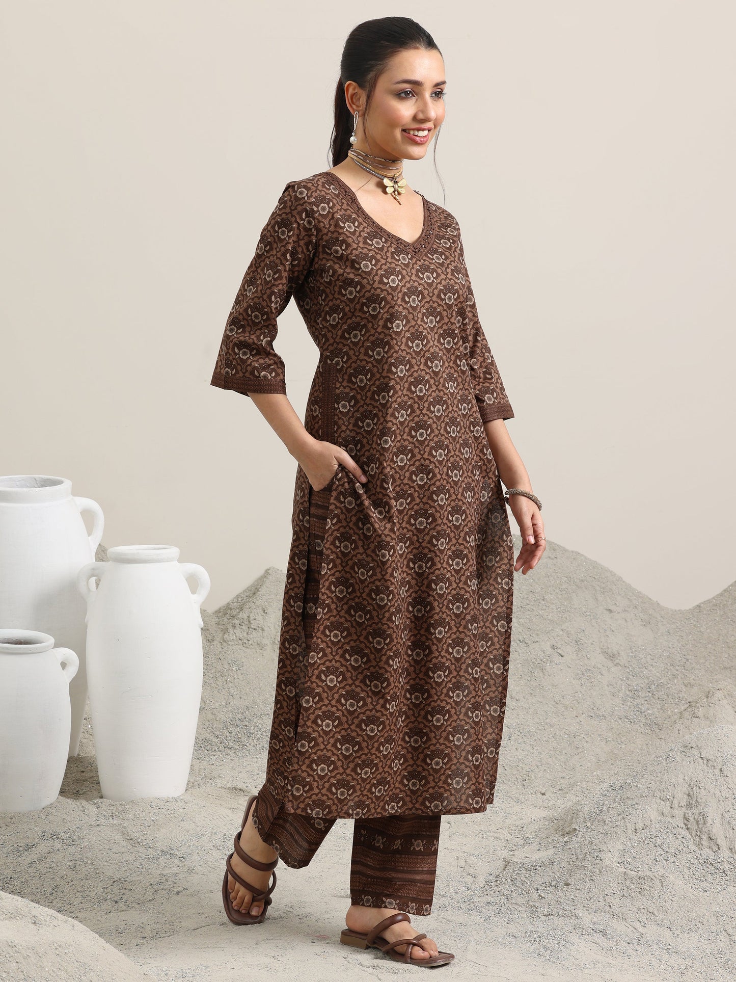 Brown Printed Cotton Straight Kurta With Trousers