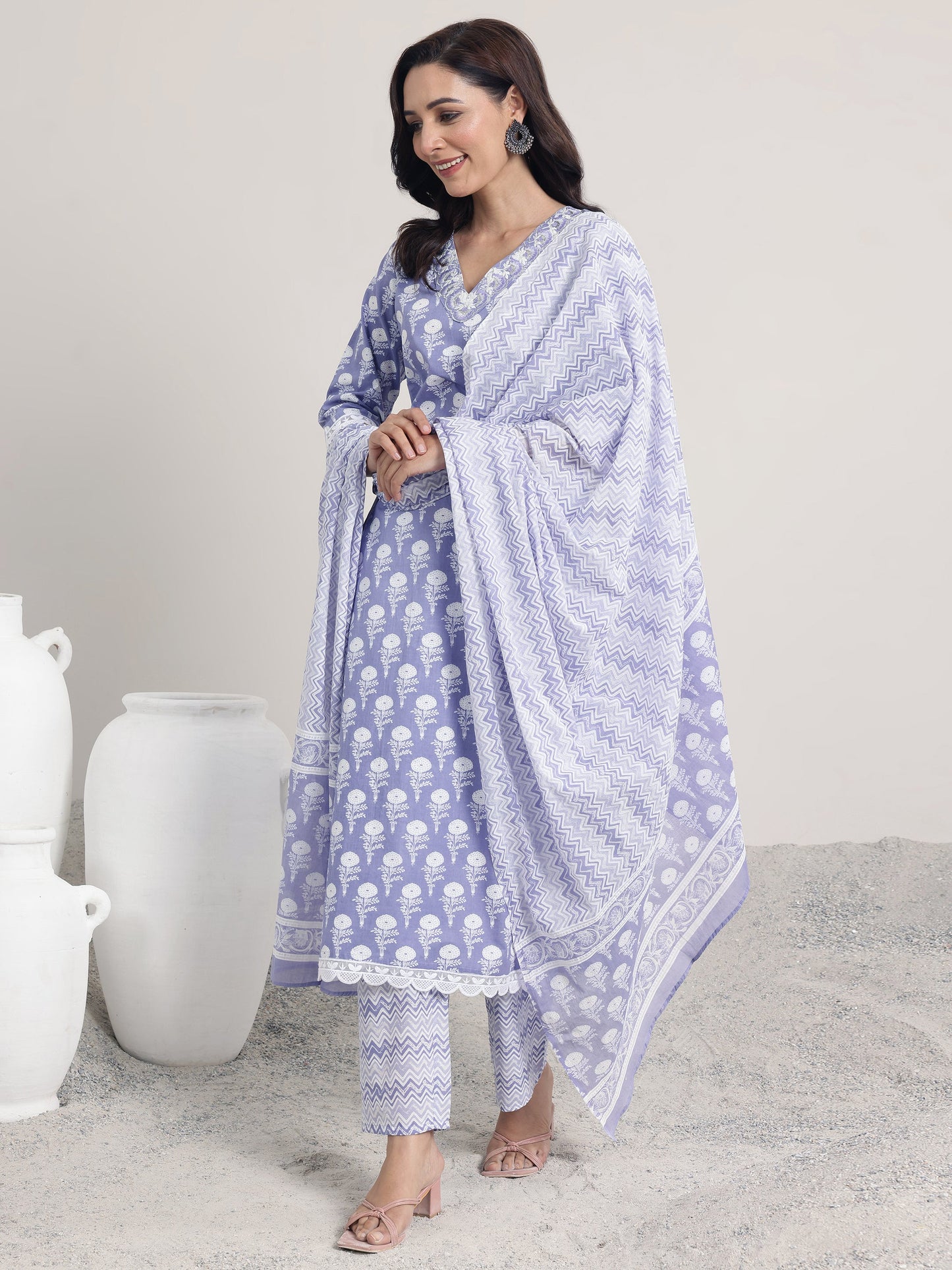 Lavender Printed Cotton Straight Suit Set With Dupatta
