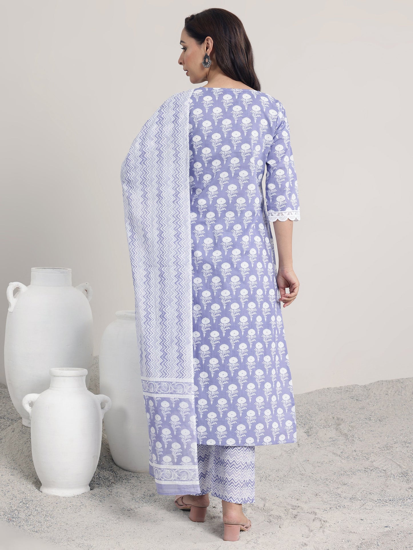 Lavender Printed Cotton Straight Suit Set With Dupatta