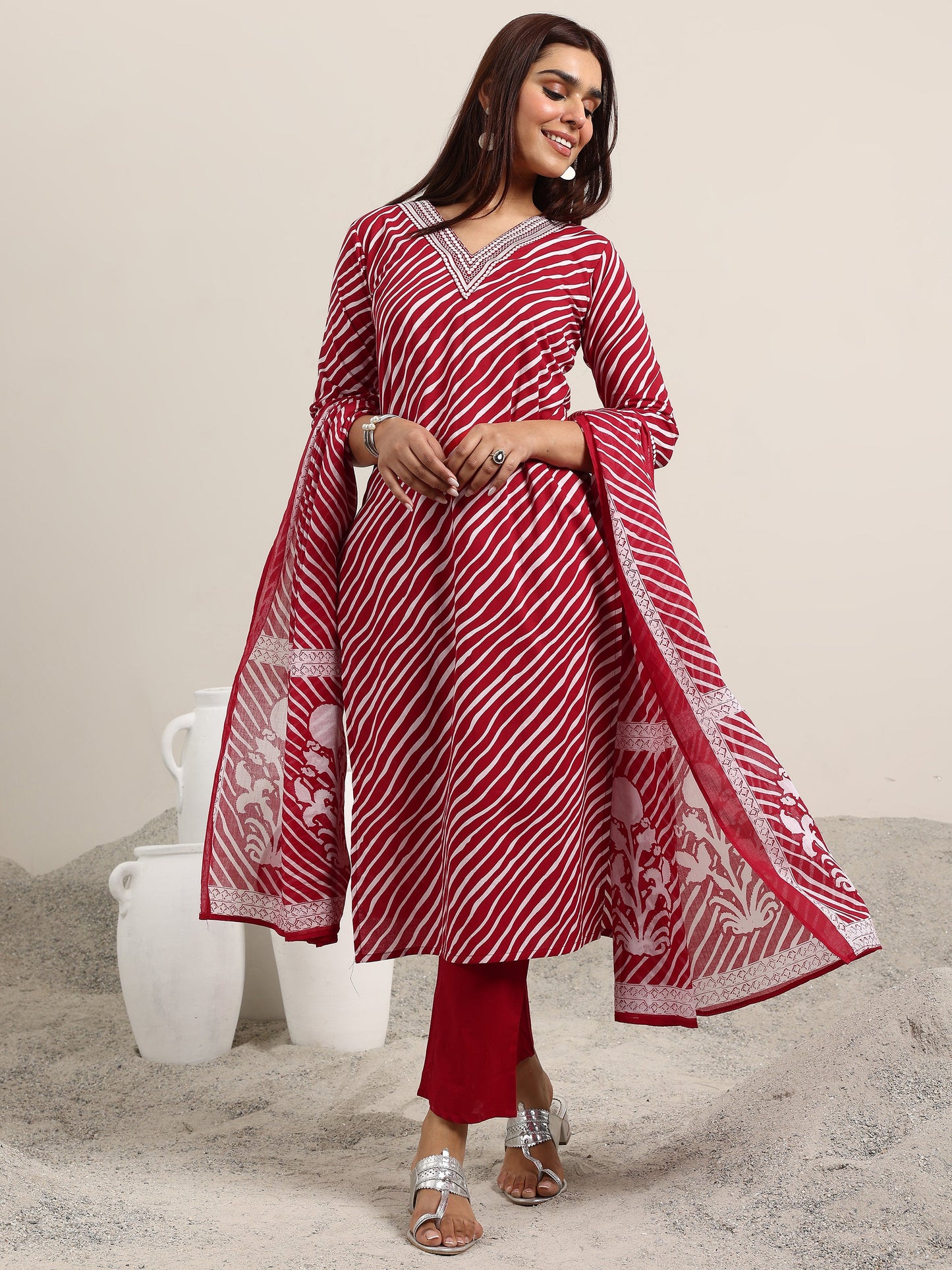 Red Printed Cotton Straight Suit With Dupatta