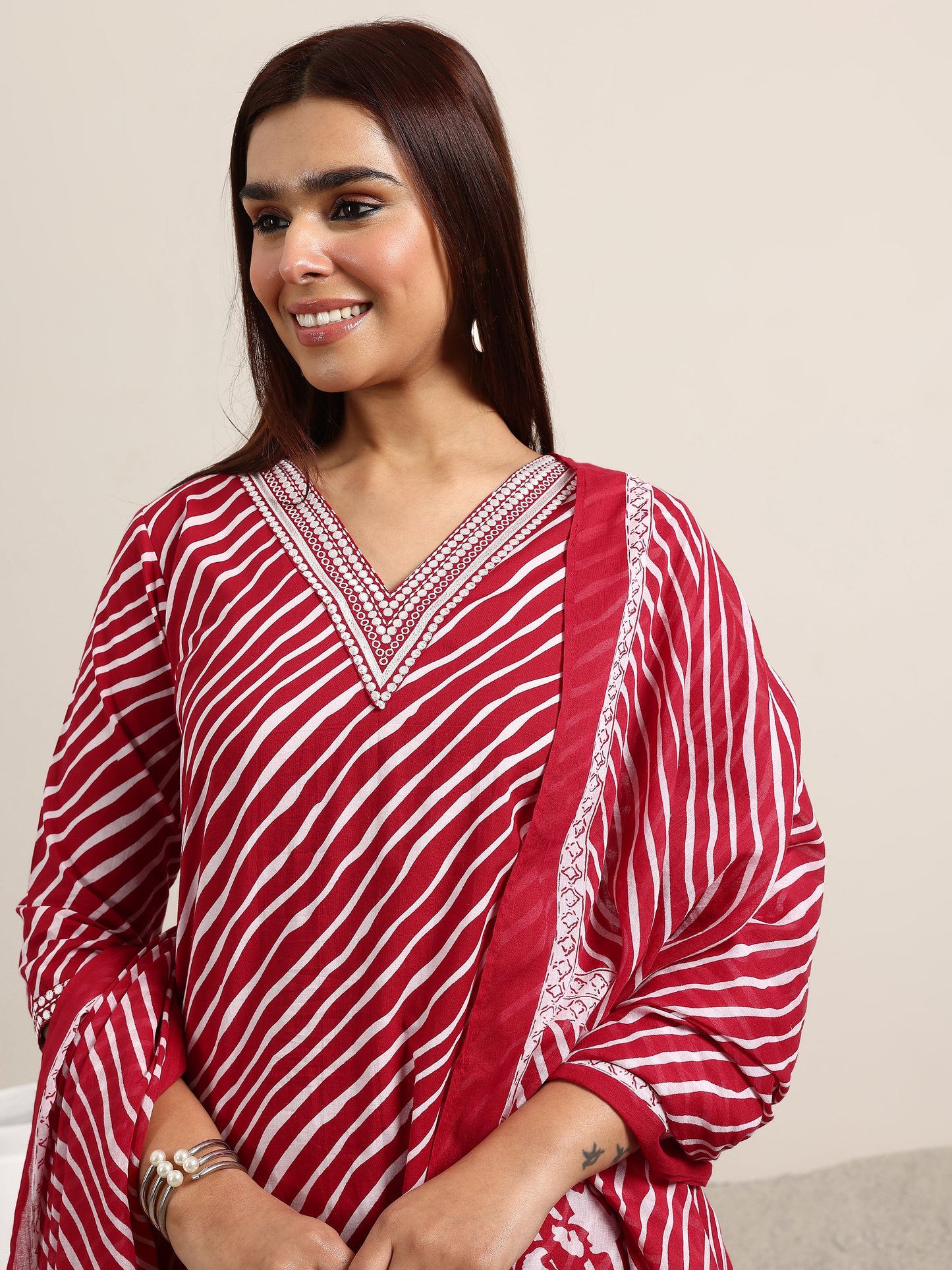 Red Printed Cotton Straight Suit With Dupatta