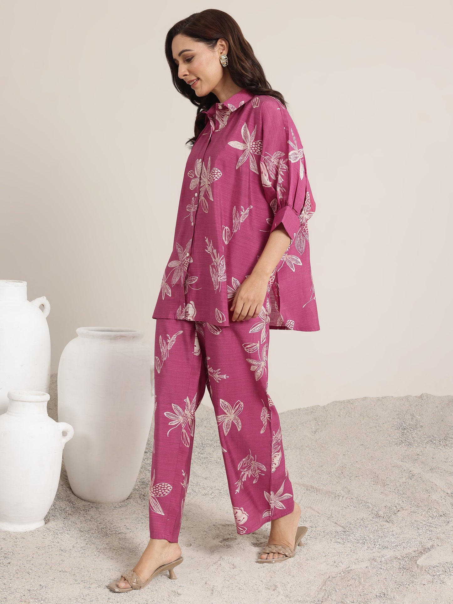 Pink Printed Silk Blend Co-Ord Sets