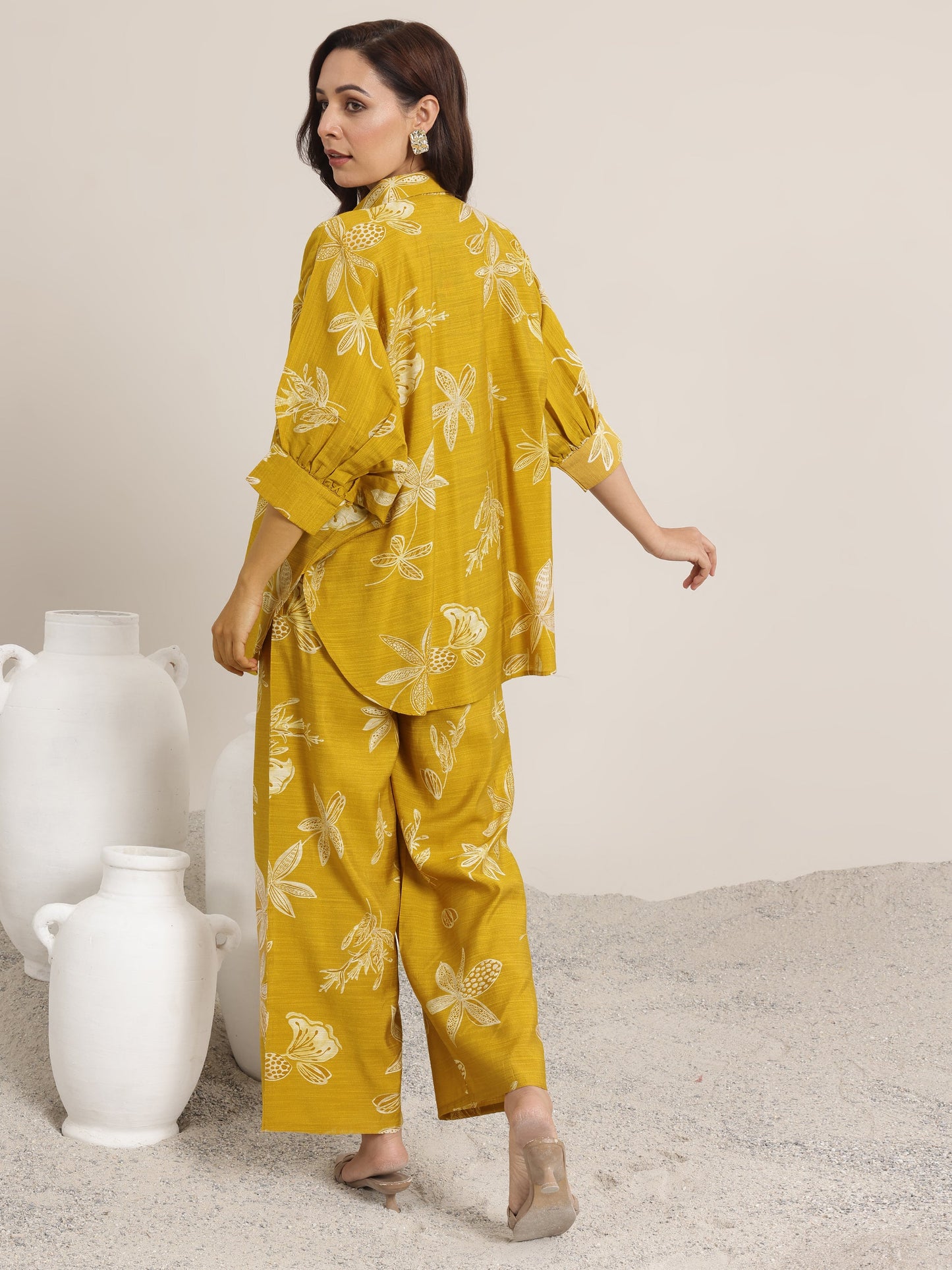 Mustard Printed Silk Blend Co-Ord Sets