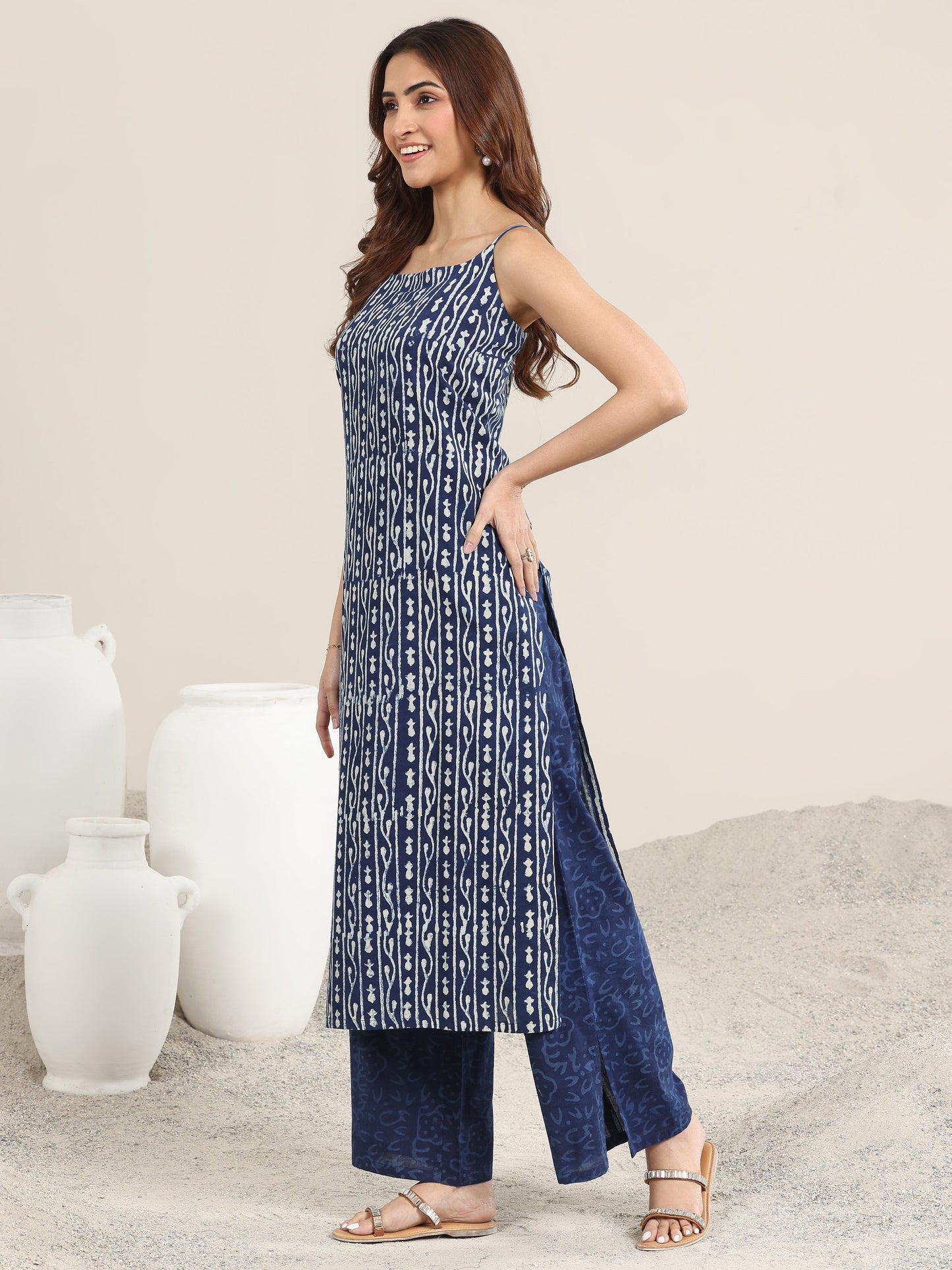 Indigo Printed Cotton Straight Suit With Dupatta