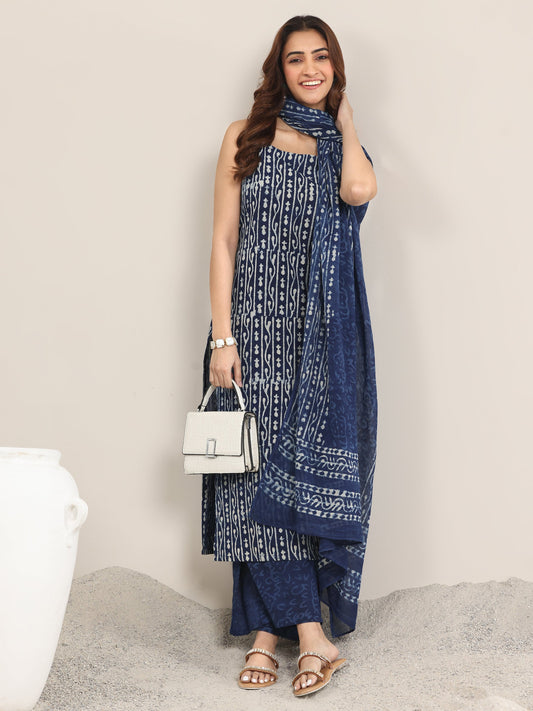 Indigo Printed Cotton Straight Suit With Dupatta