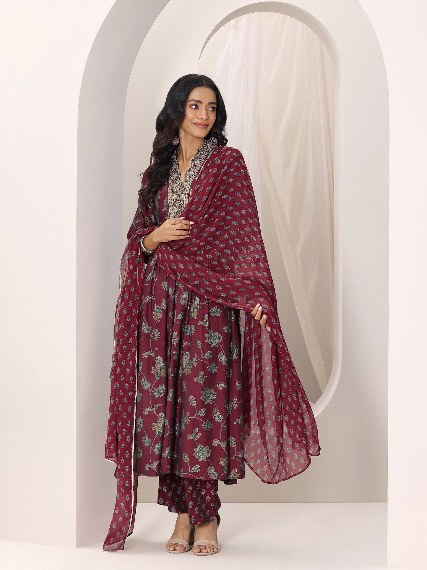Maroon Printed Silk Blend A-Line Suit Set With Dupatta
