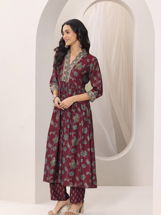 Maroon Printed Silk Blend A-Line Suit Set With Dupatta