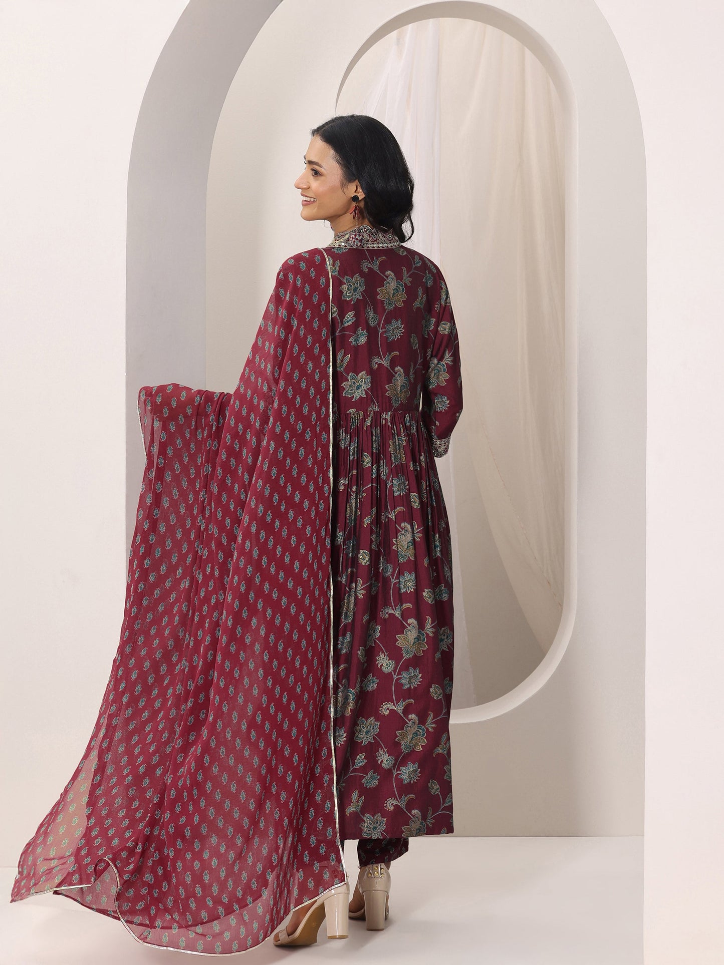 Maroon Printed Silk Blend A-Line Suit Set With Dupatta