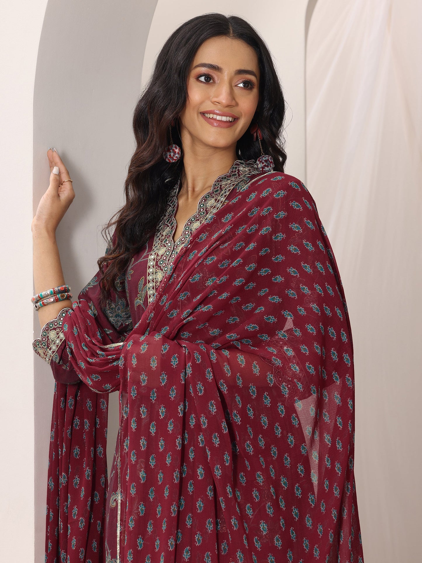 Maroon Printed Silk Blend A-Line Suit Set With Dupatta
