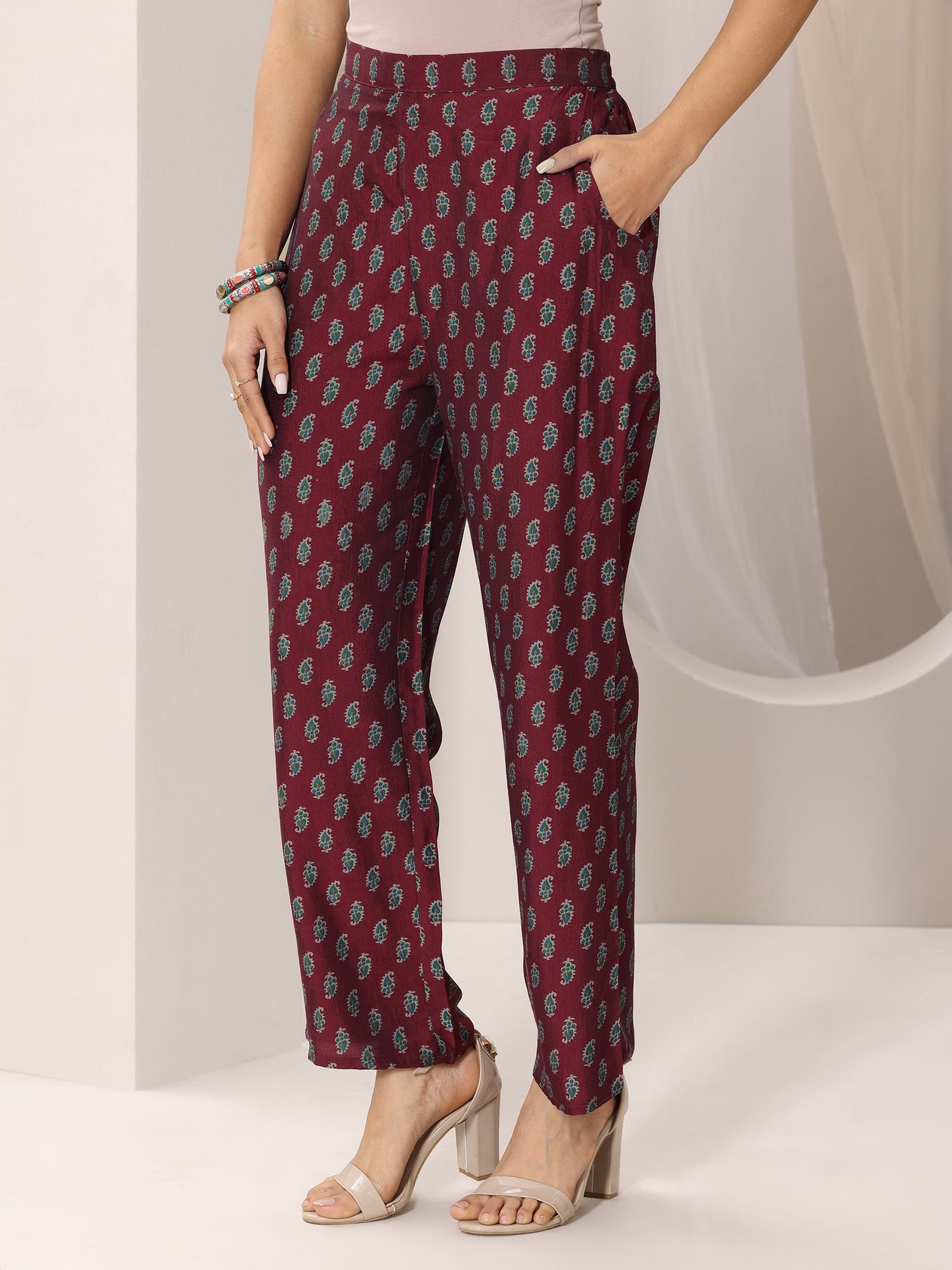 Maroon Printed Silk Blend A-Line Suit Set With Dupatta
