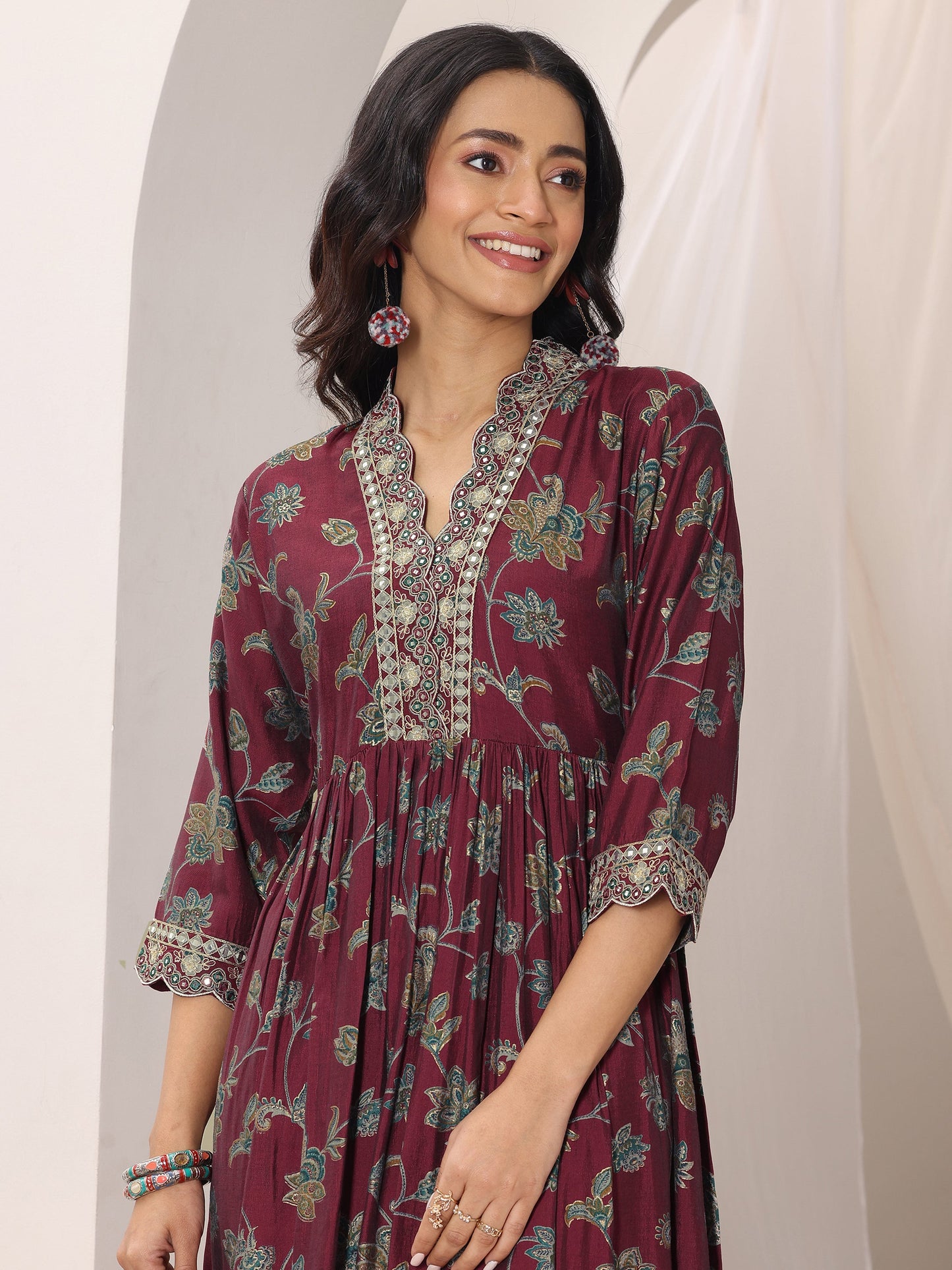 Maroon Printed Silk Blend A-Line Suit Set With Dupatta