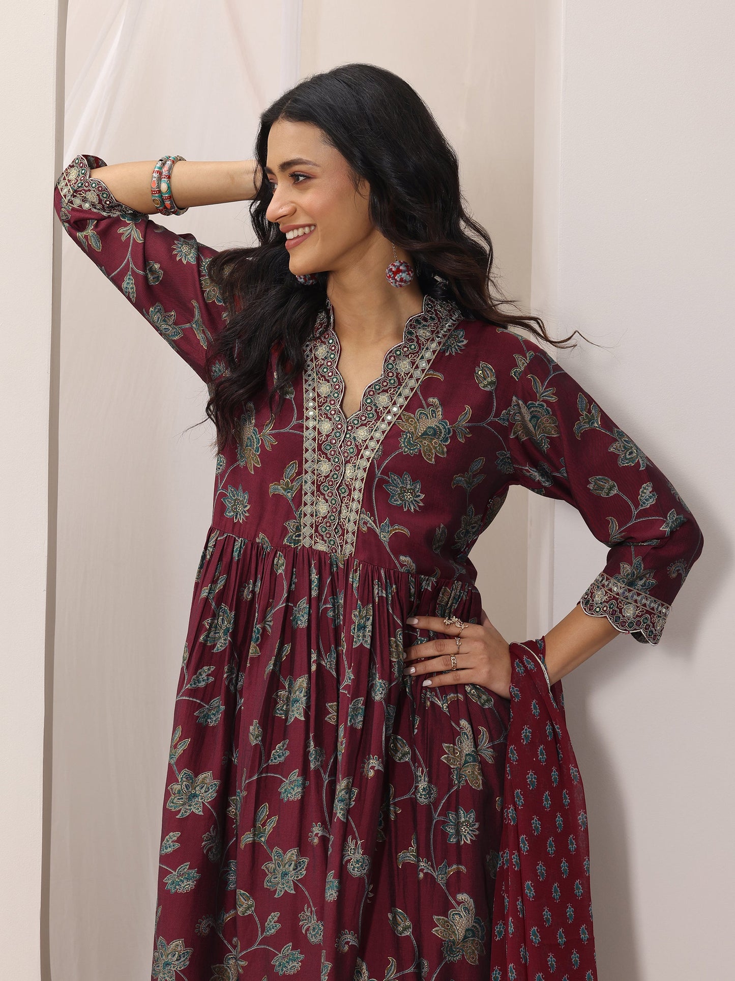 Maroon Printed Silk Blend A-Line Suit Set With Dupatta