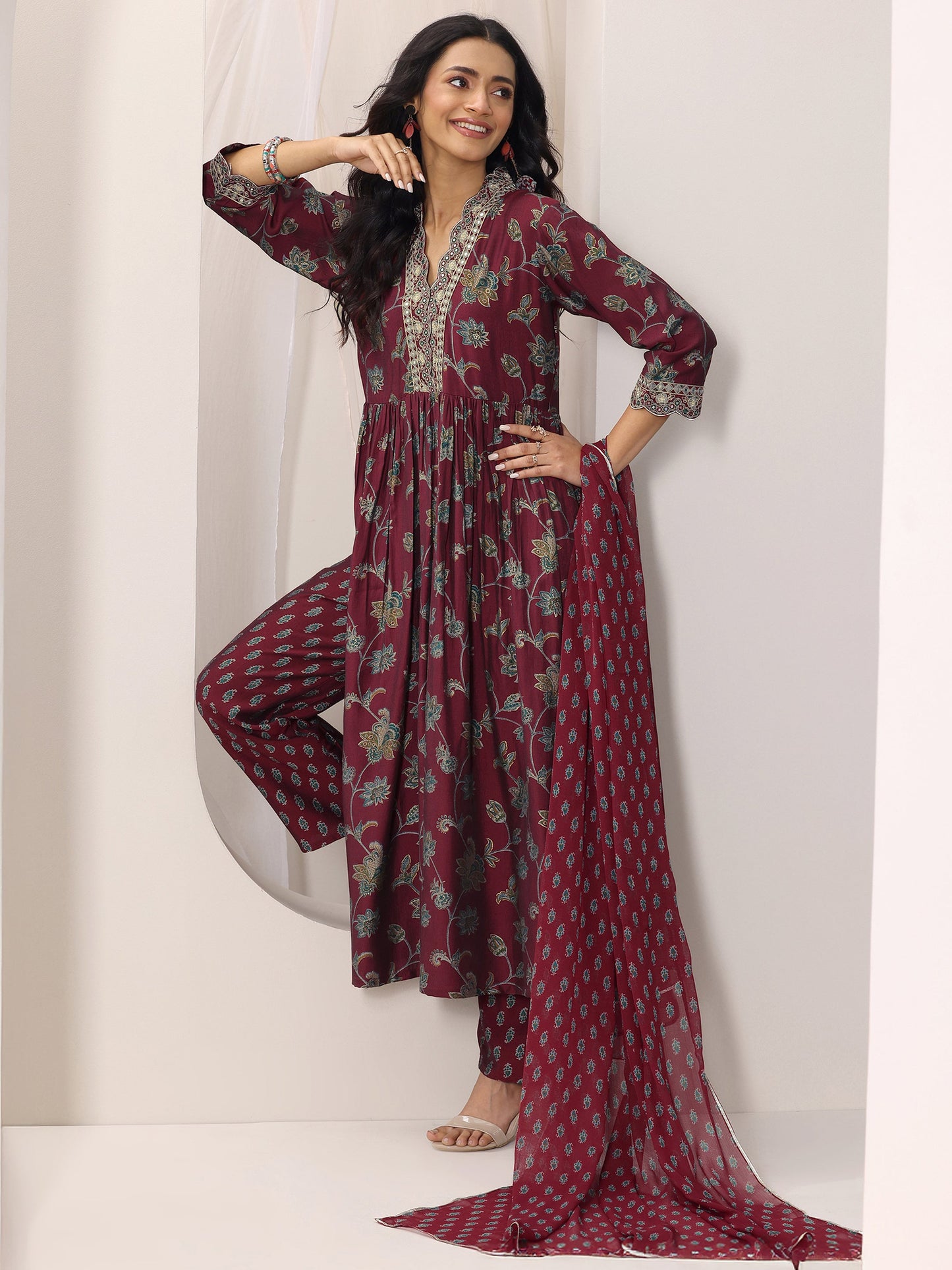 Maroon Printed Silk Blend A-Line Suit Set With Dupatta