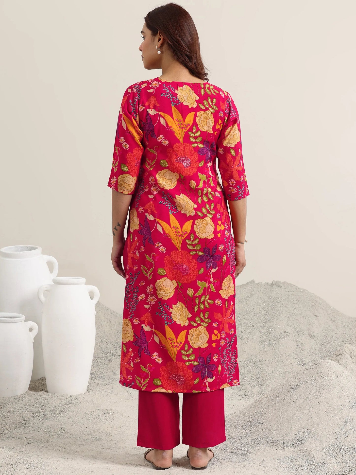 Red Printed Rayon Straight Kurta With Trousers