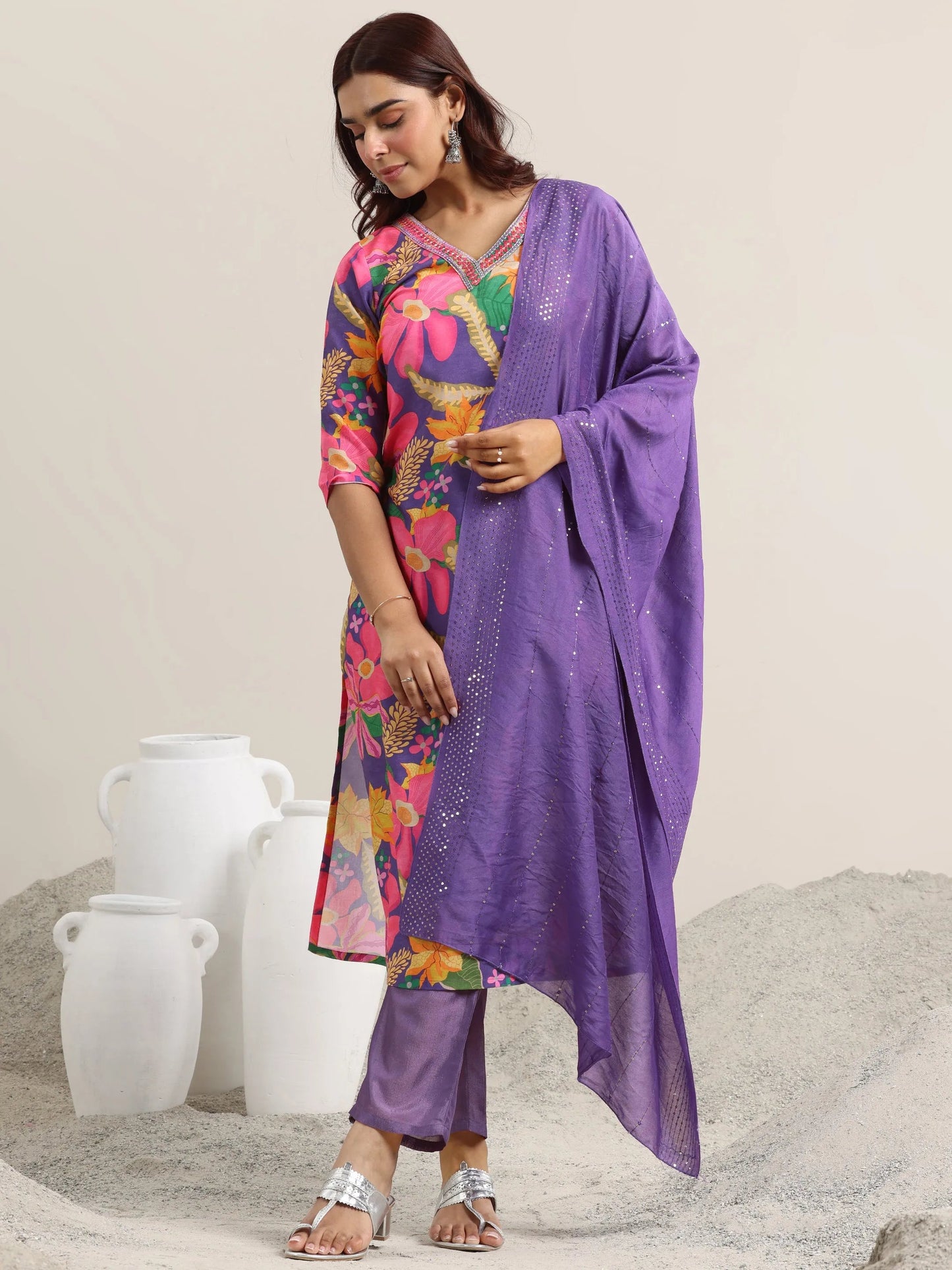 Purple Printed Rayon Straight Suit With Dupatta
