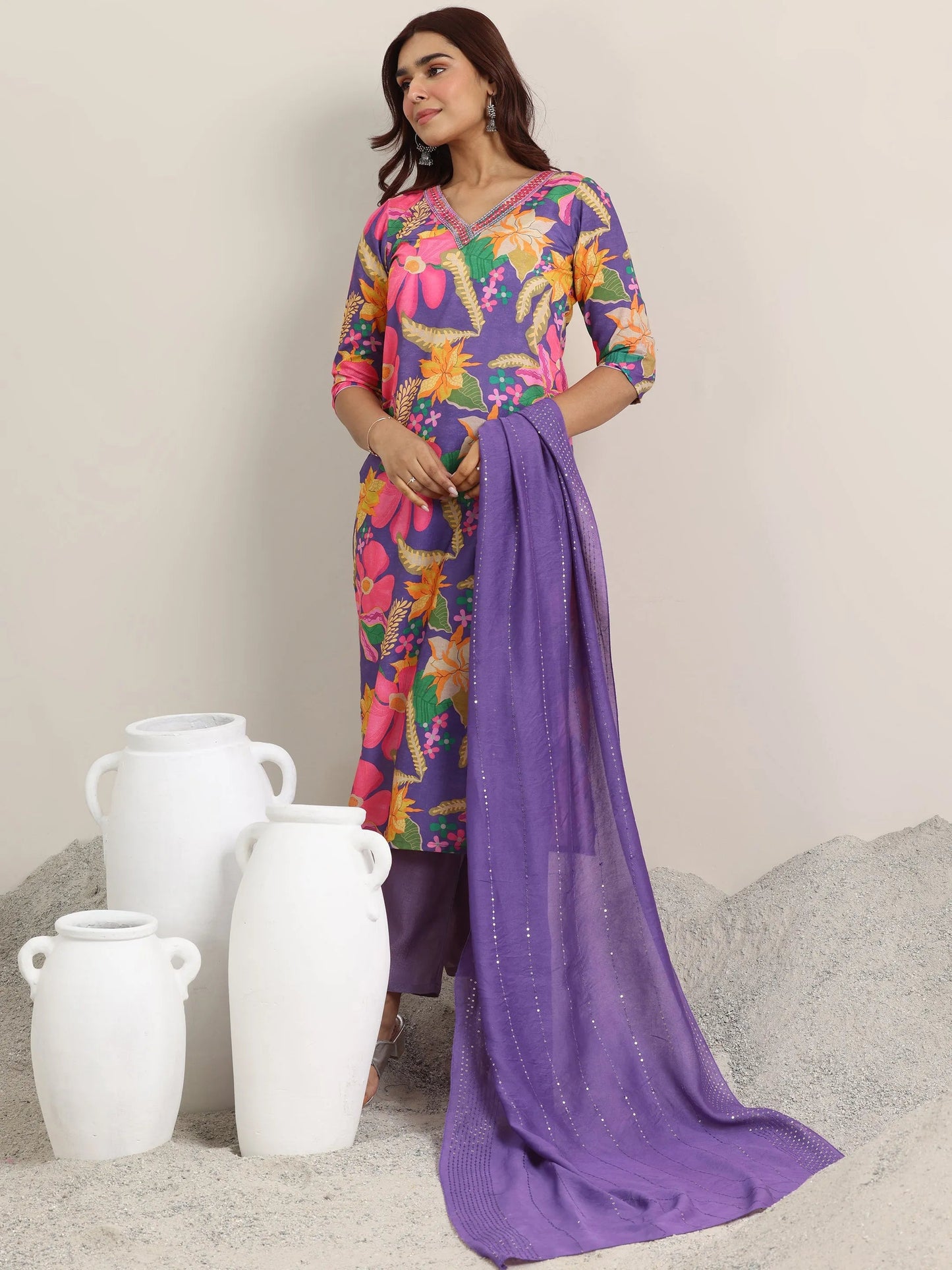 Purple Printed Rayon Straight Suit With Dupatta