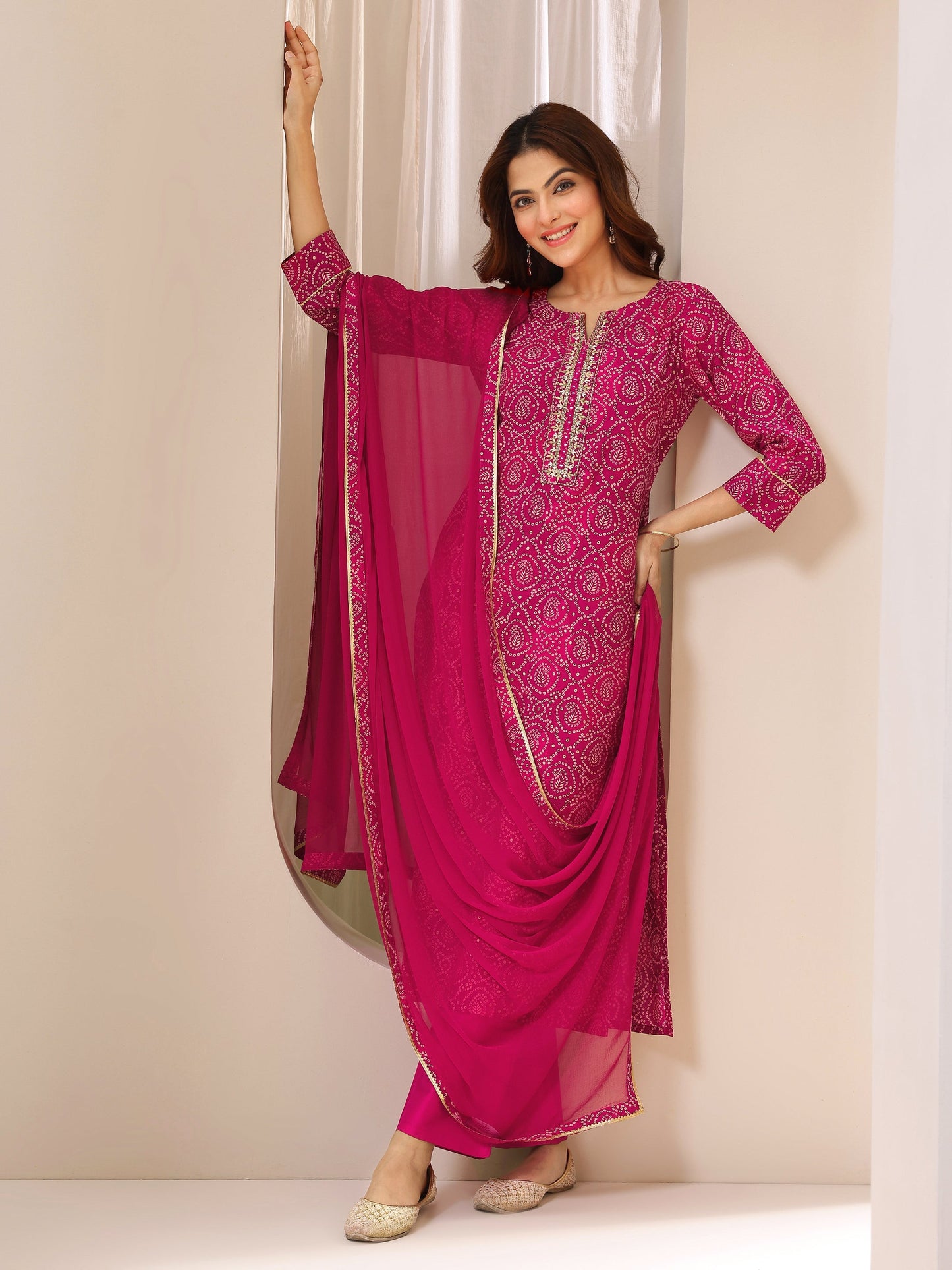 Pink Printed Rayon Straight Suit With Dupatta