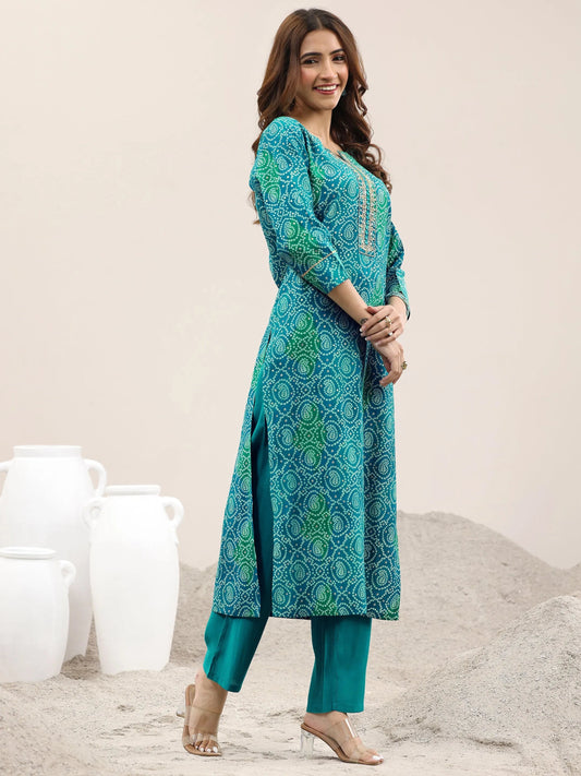 Blue Printed Rayon Straight Suit With Dupatta