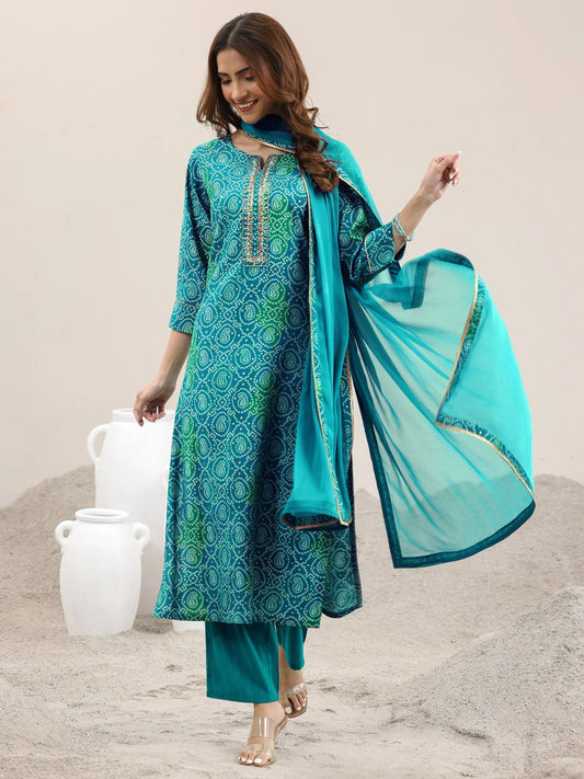 Blue Printed Rayon Straight Suit With Dupatta
