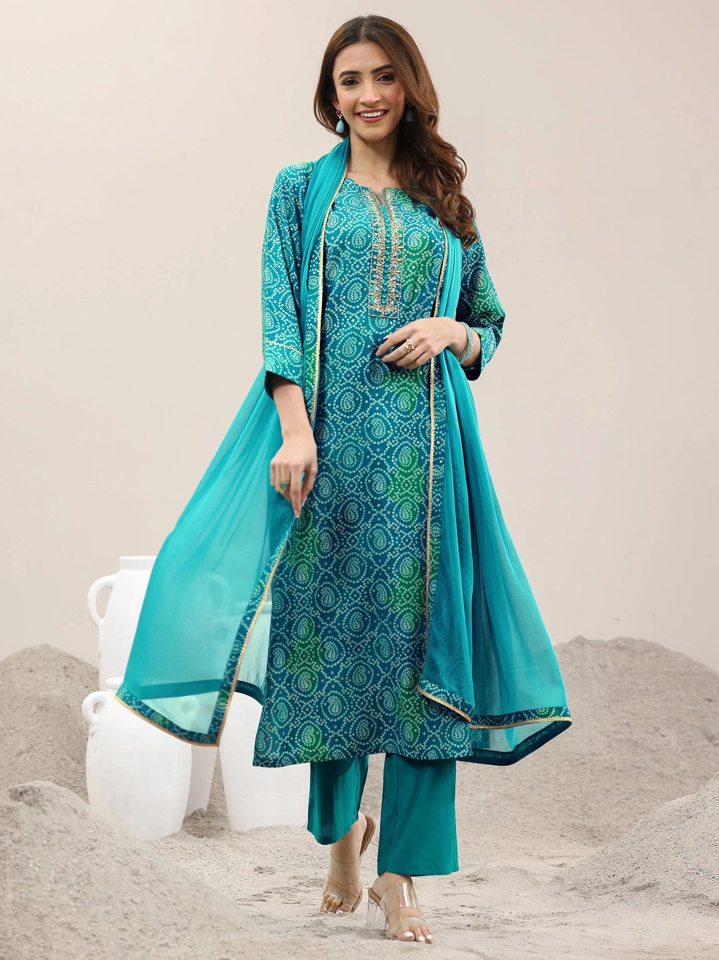 Blue Printed Rayon Straight Suit With Dupatta