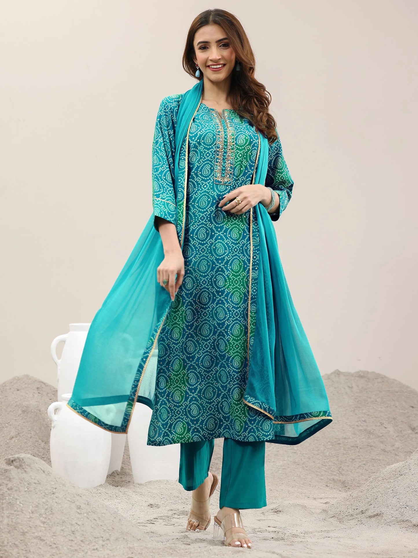 Blue Printed Rayon Straight Suit With Dupatta