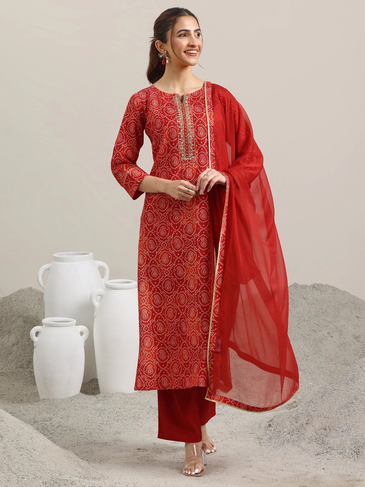 Red Printed Rayon Straight Suit With Dupatta