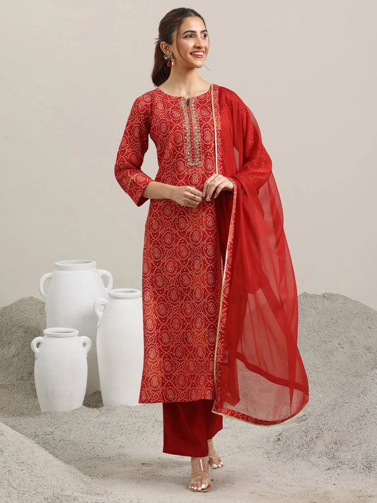 Red Printed Rayon Straight Suit With Dupatta