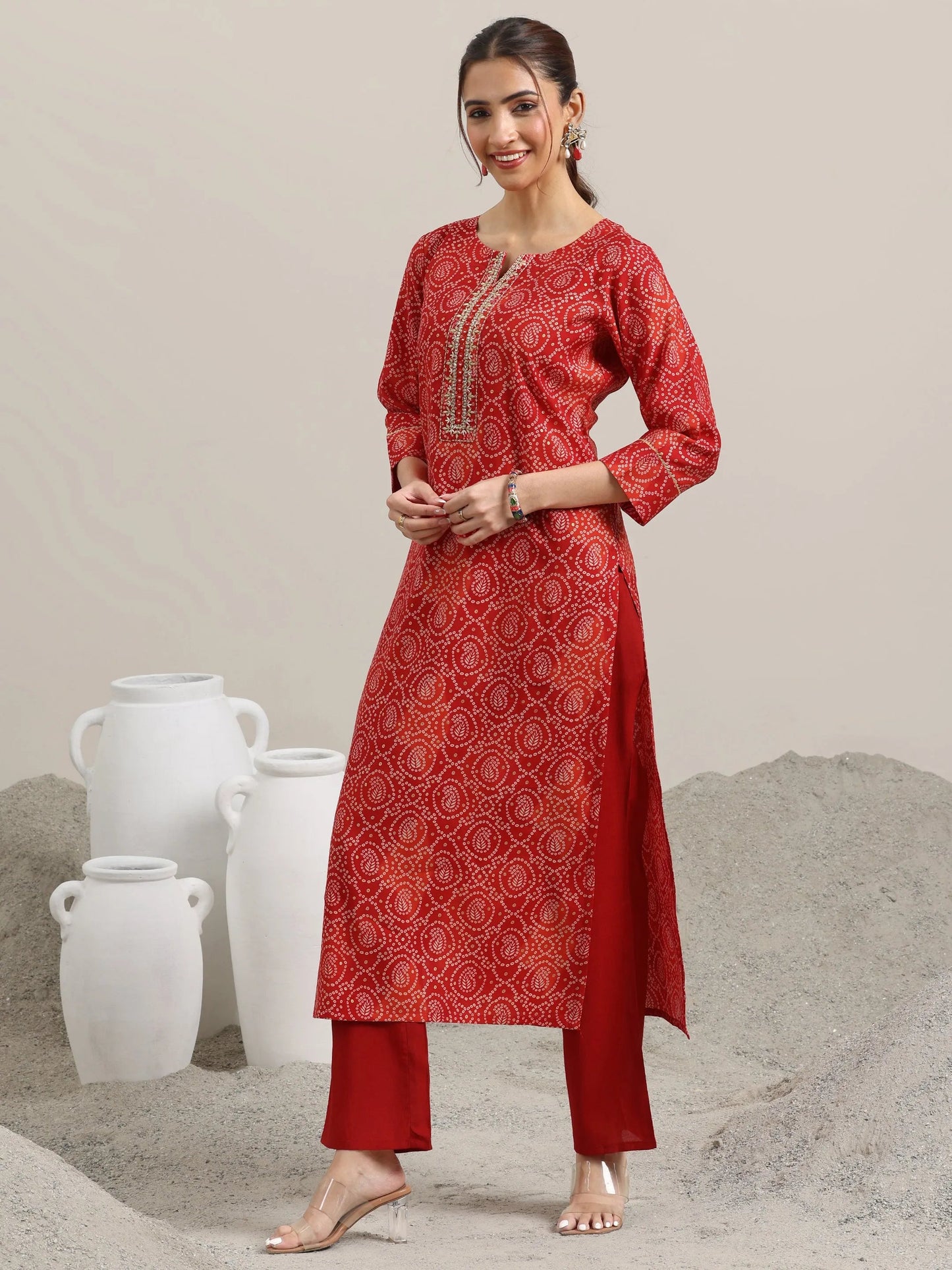 Red Printed Rayon Straight Suit With Dupatta