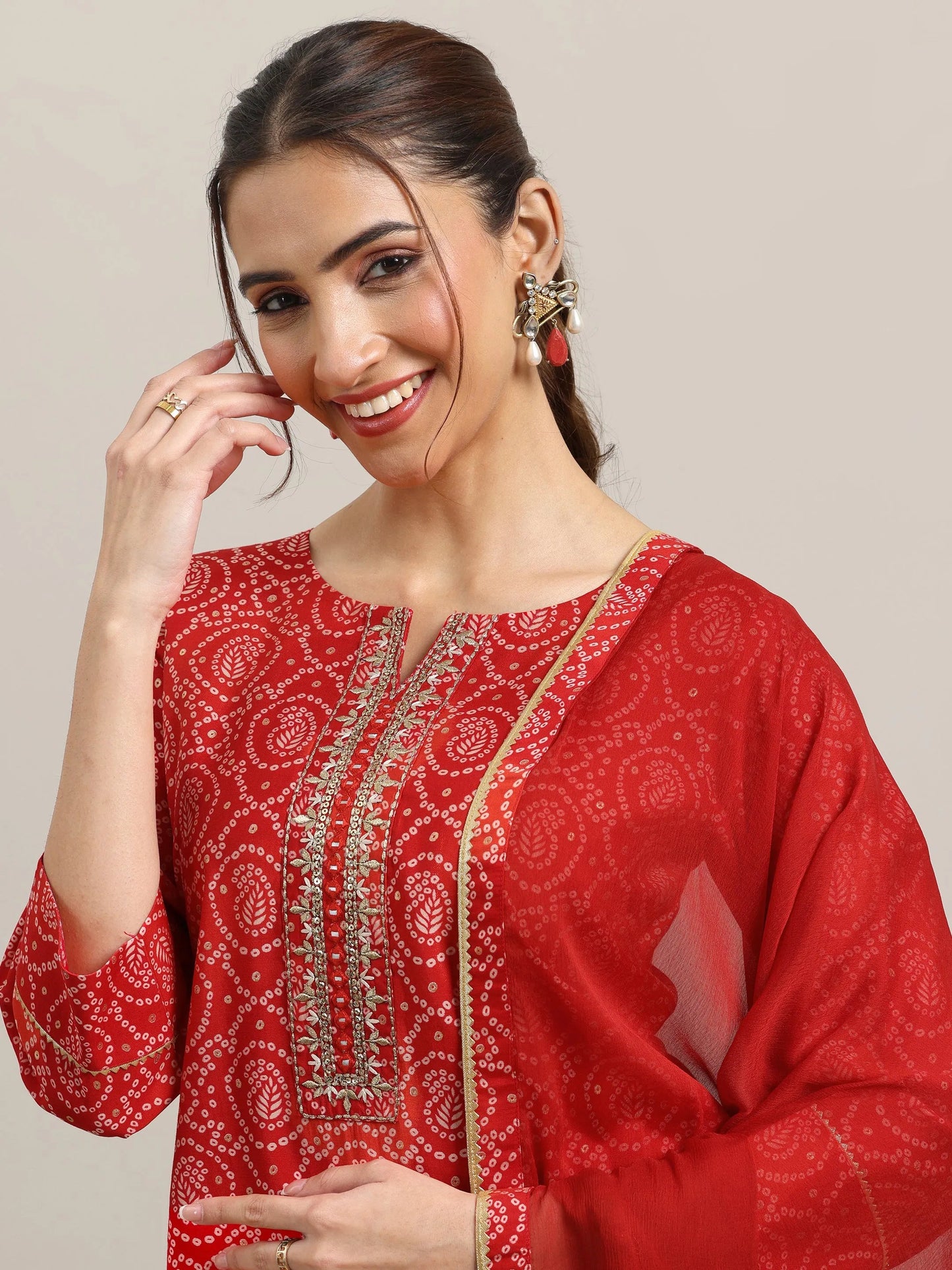 Red Printed Rayon Straight Suit With Dupatta