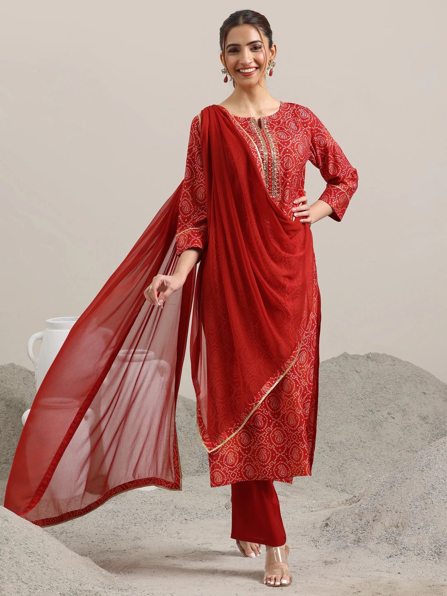 Red Printed Rayon Straight Suit With Dupatta