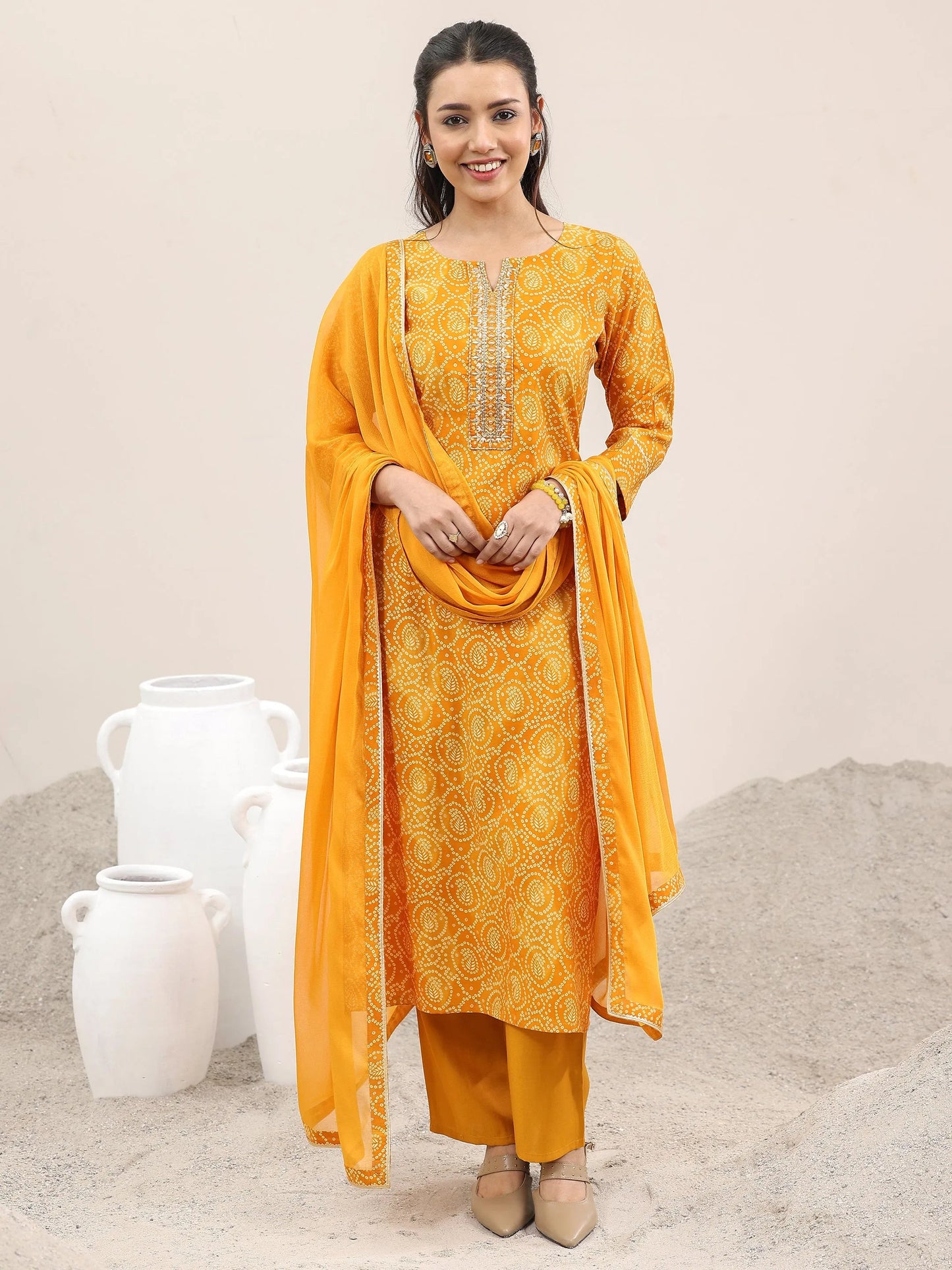 Mustard Printed Rayon Straight Suit With Dupatta