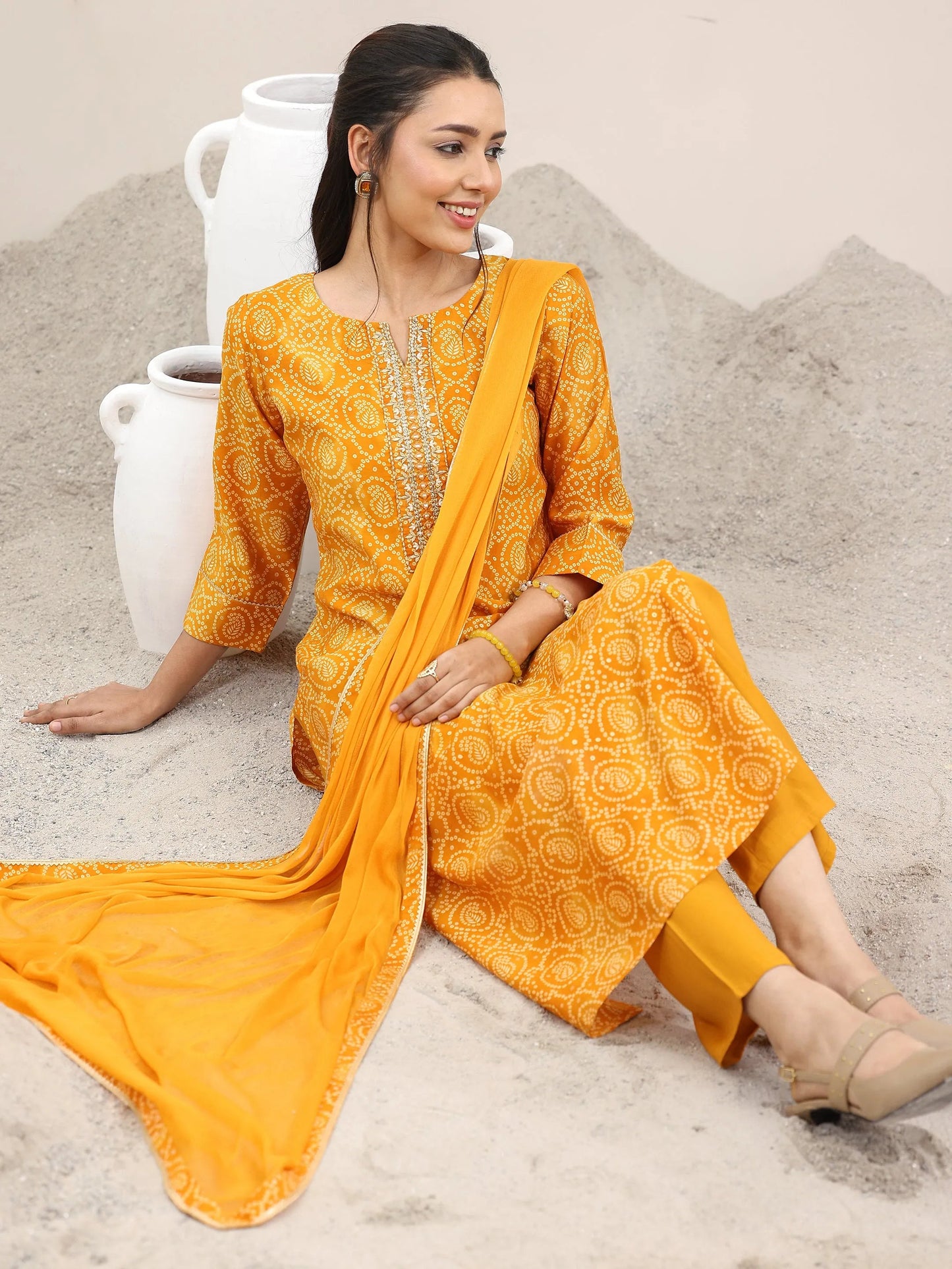 Mustard Printed Rayon Straight Suit With Dupatta